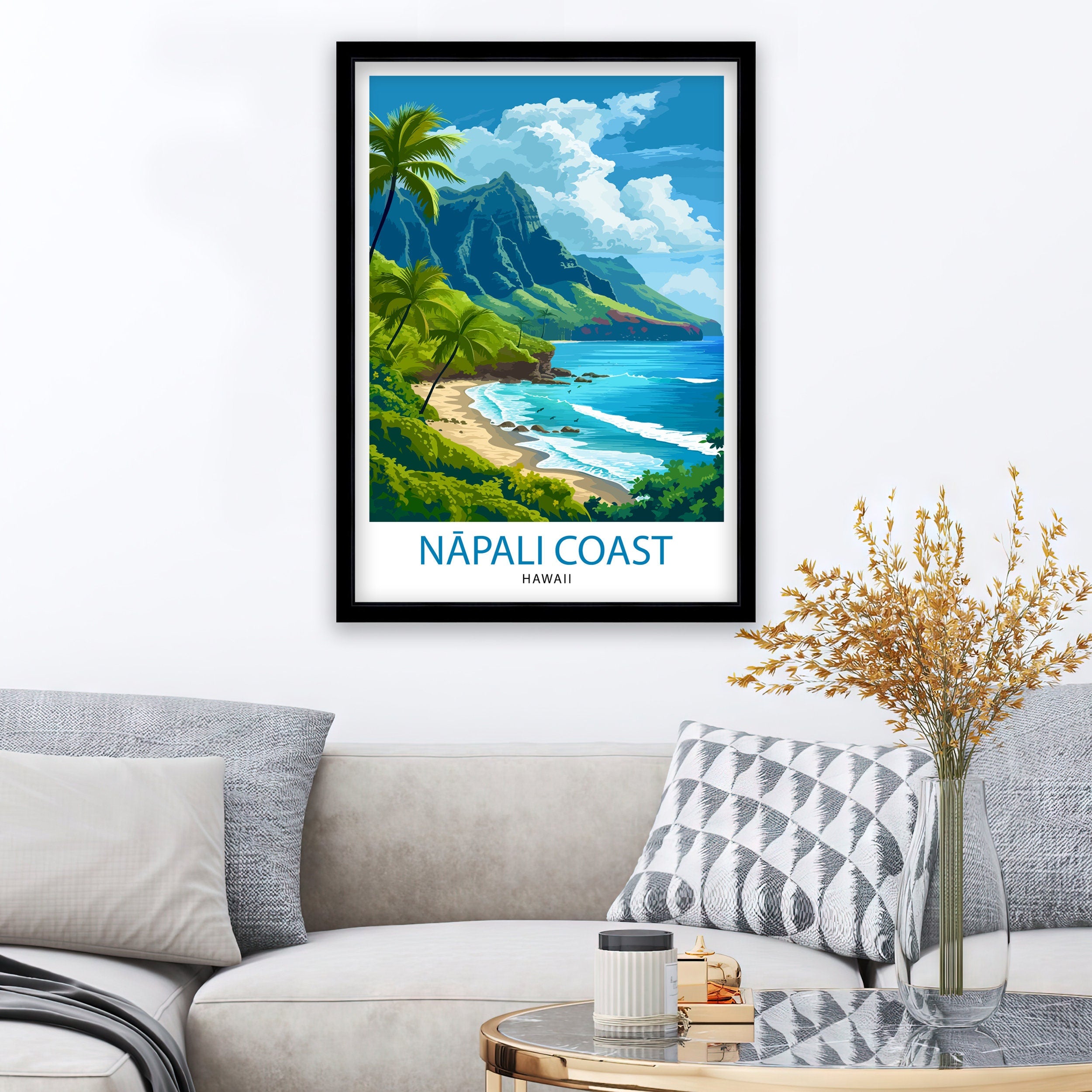 Napali Coast Hawaii Print Kauai Island Art Hawaiian Cliffs Poster Pacific Ocean Wall Decor Tropical Paradise Illustration Adventure Travel