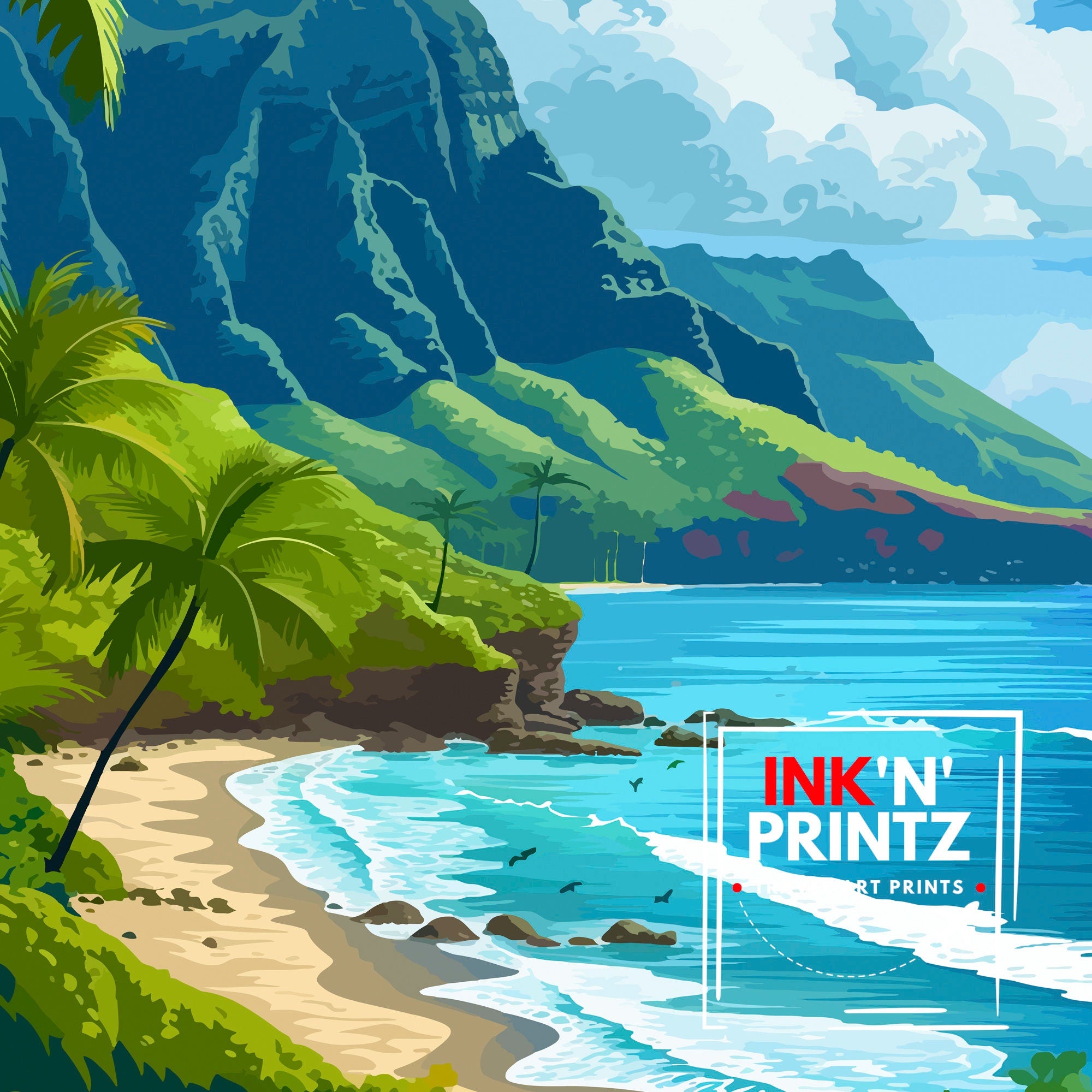 Napali Coast Hawaii Print Kauai Island Art Hawaiian Cliffs Poster Pacific Ocean Wall Decor Tropical Paradise Illustration Adventure Travel