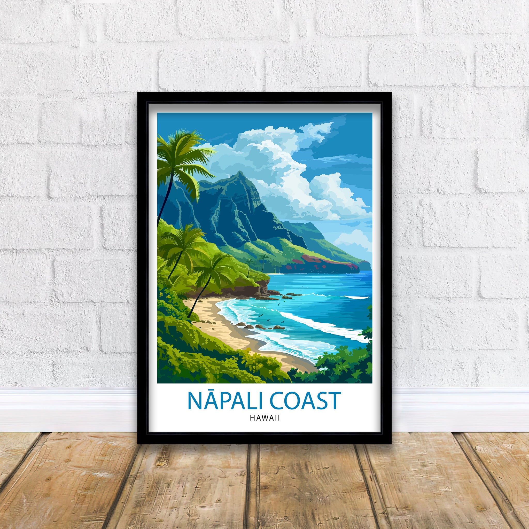 Napali Coast Hawaii Print Kauai Island Art Hawaiian Cliffs Poster Pacific Ocean Wall Decor Tropical Paradise Illustration Adventure Travel