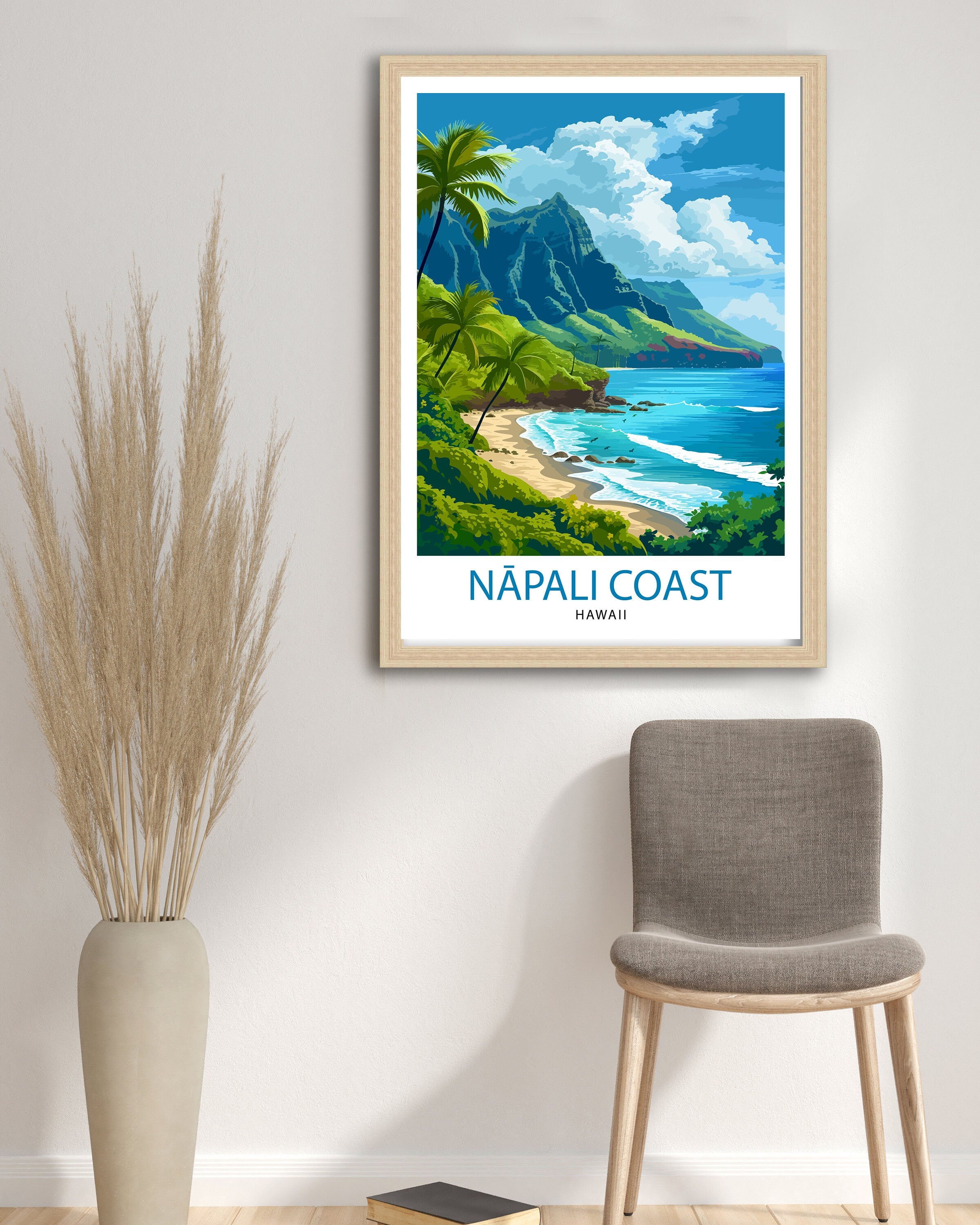 Napali Coast Hawaii Print Kauai Island Art Hawaiian Cliffs Poster Pacific Ocean Wall Decor Tropical Paradise Illustration Adventure Travel