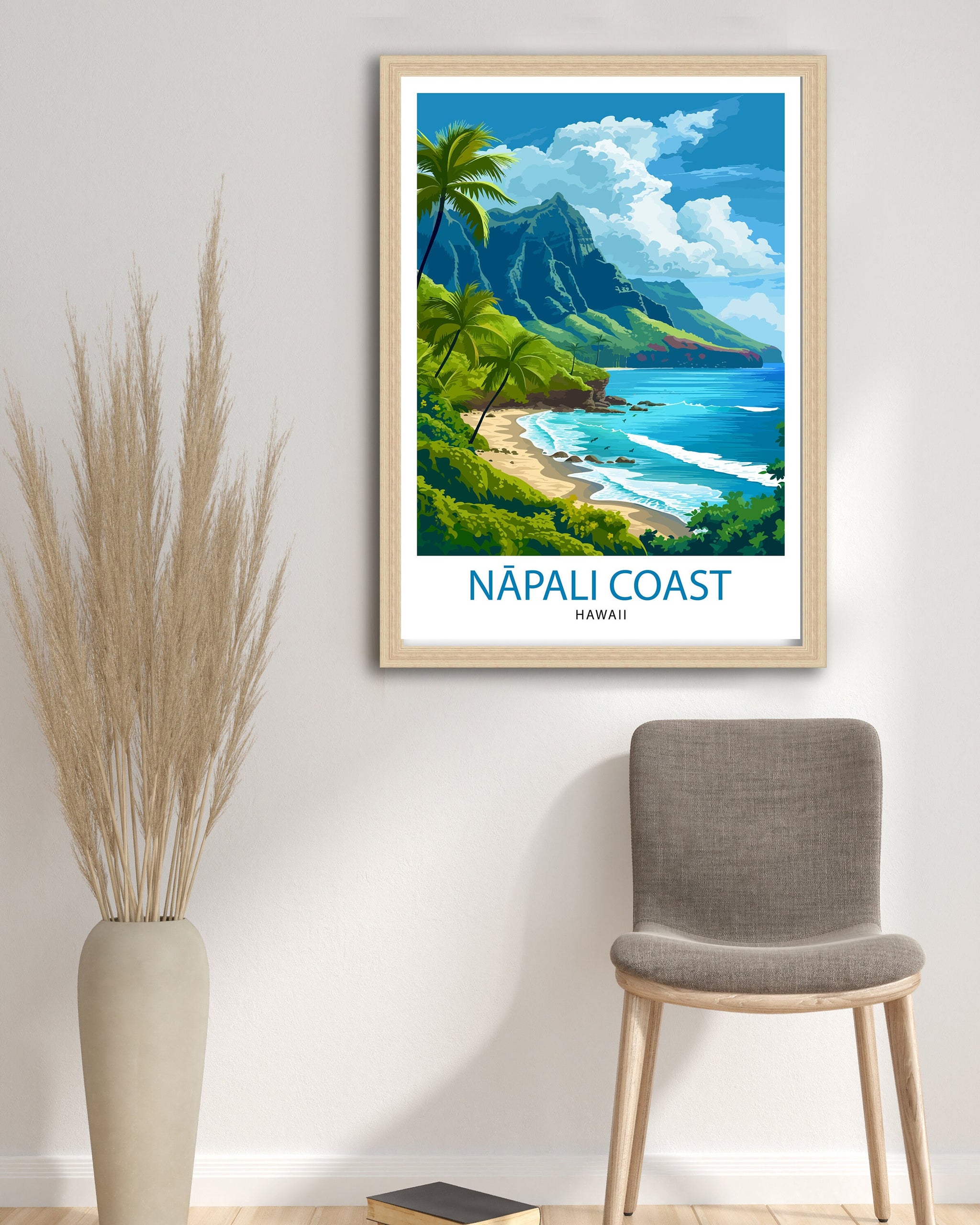 Napali Coast Hawaii Print Kauai Island Art Hawaiian Cliffs Poster Pacific Ocean Wall Decor Tropical Paradise Illustration Adventure Travel