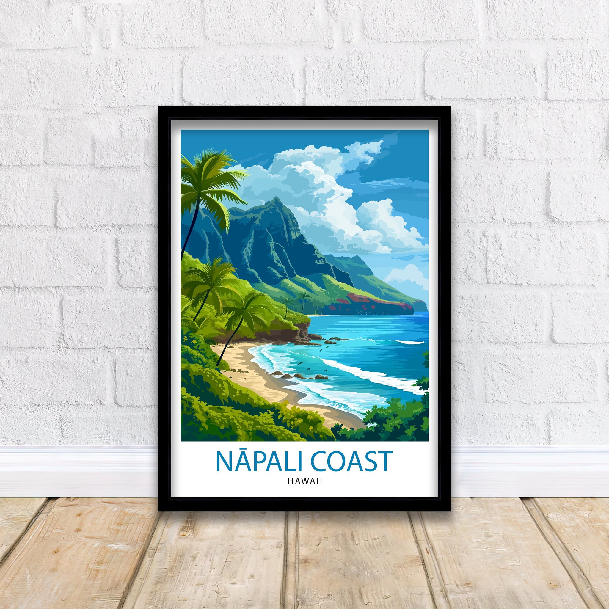Napali Coast Hawaii Print Kauai Island Art Hawaiian Cliffs Poster Pacific Ocean Wall Decor Tropical Paradise Illustration Adventure Travel