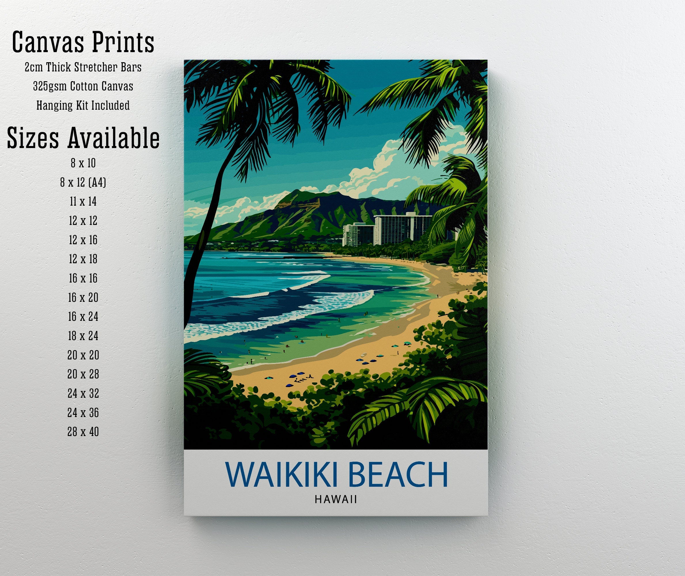 Waikiki Beach Oahu Travel Print| Waikiki Wall Decor Waikiki Beach Poster Oahu Travel Prints Waikiki Art Print Waikiki Illustration Waikiki