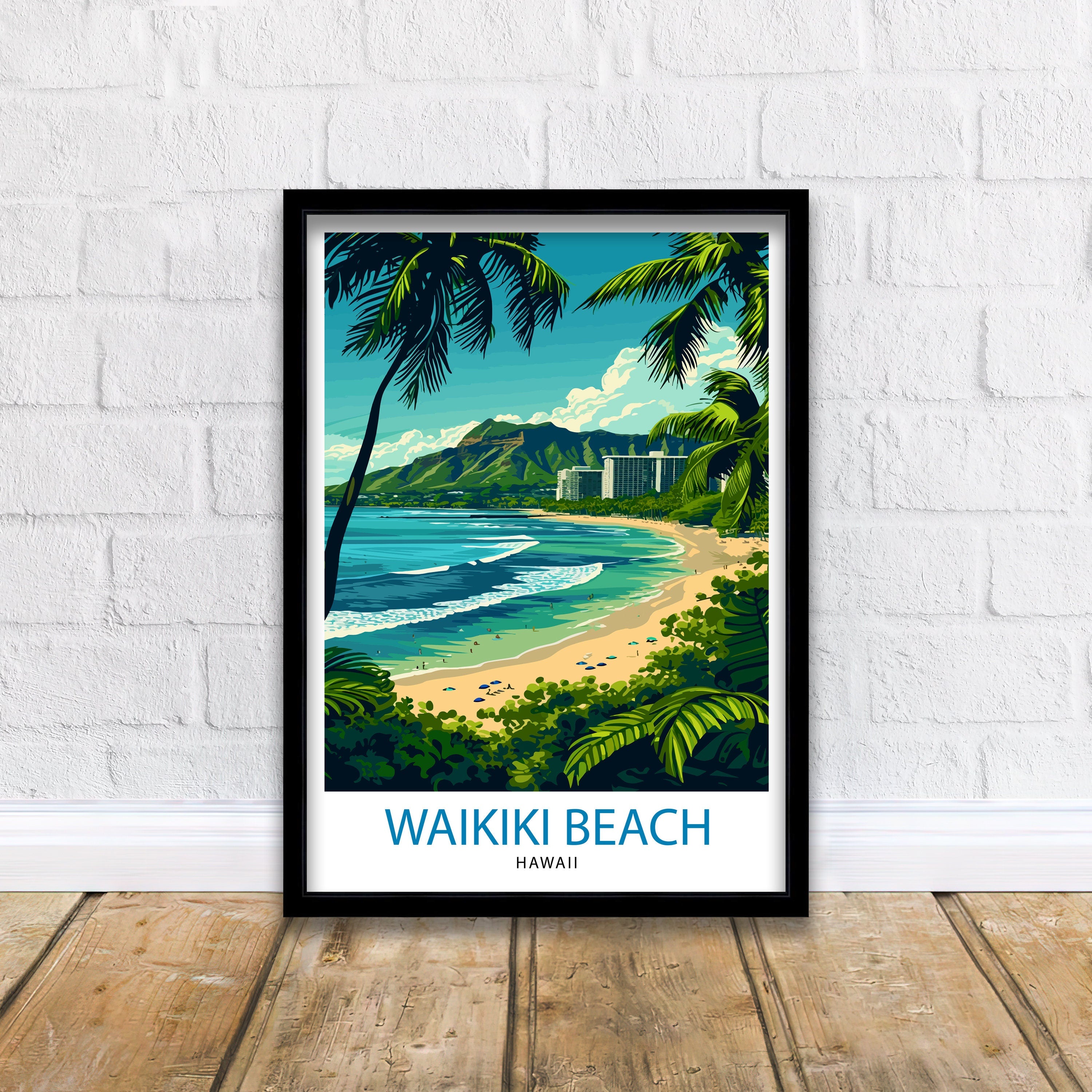 Waikiki Beach Oahu Travel Print| Waikiki Wall Decor Waikiki Beach Poster Oahu Travel Prints Waikiki Art Print Waikiki Illustration Waikiki
