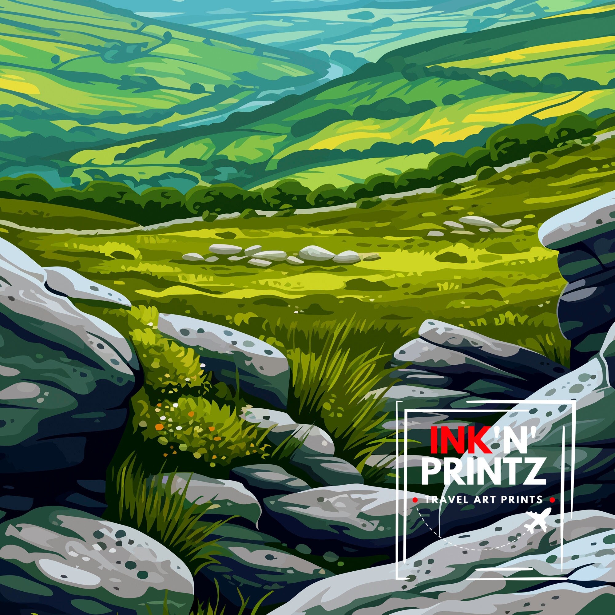 Yorkshire Moors Print English Countryside Art Heather Fields Poster British Moorland Wall Decor Wild Landscape Illustration Rural England