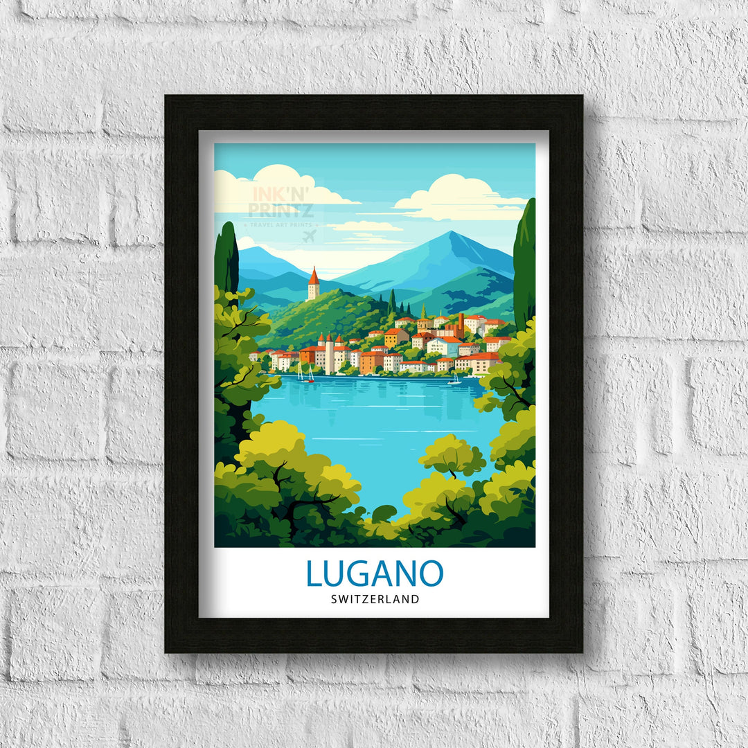 Lugano Switzerland Poster Lake Lugano Art Swiss Cityscape Poster Ticino Region