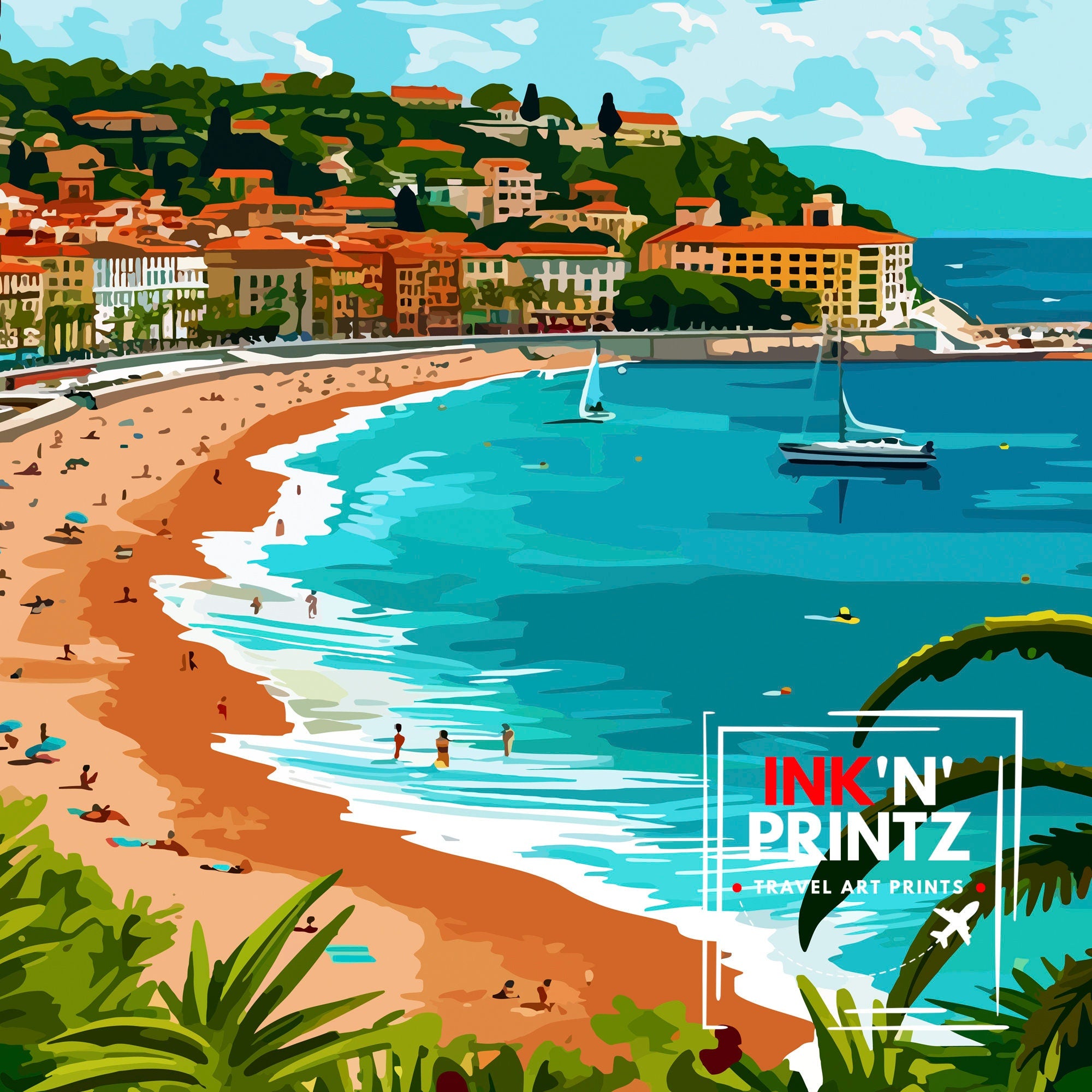 Nice France Travel Poster, French Riviera Illustration