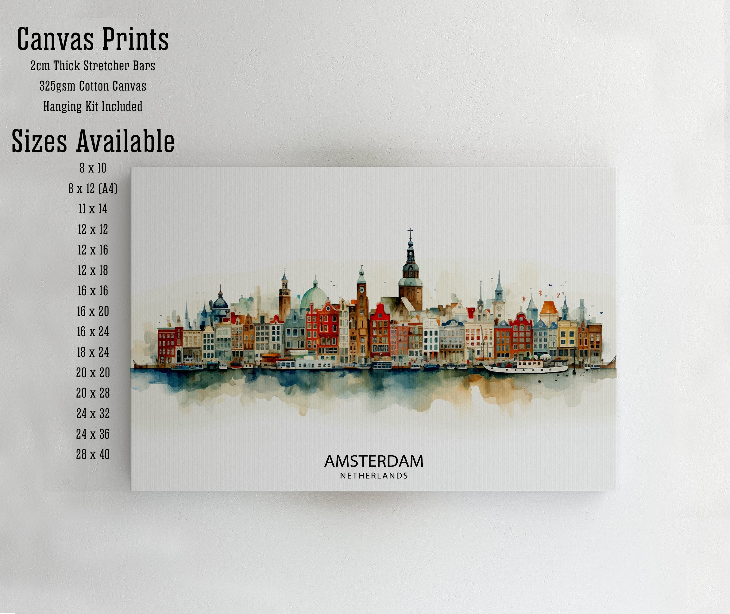 Amsterdam Skyline Print Dutch Cityscape Art Canal Houses Poster Netherlands Urban Decor Amsterdam Landmarks Illustration European City Wall