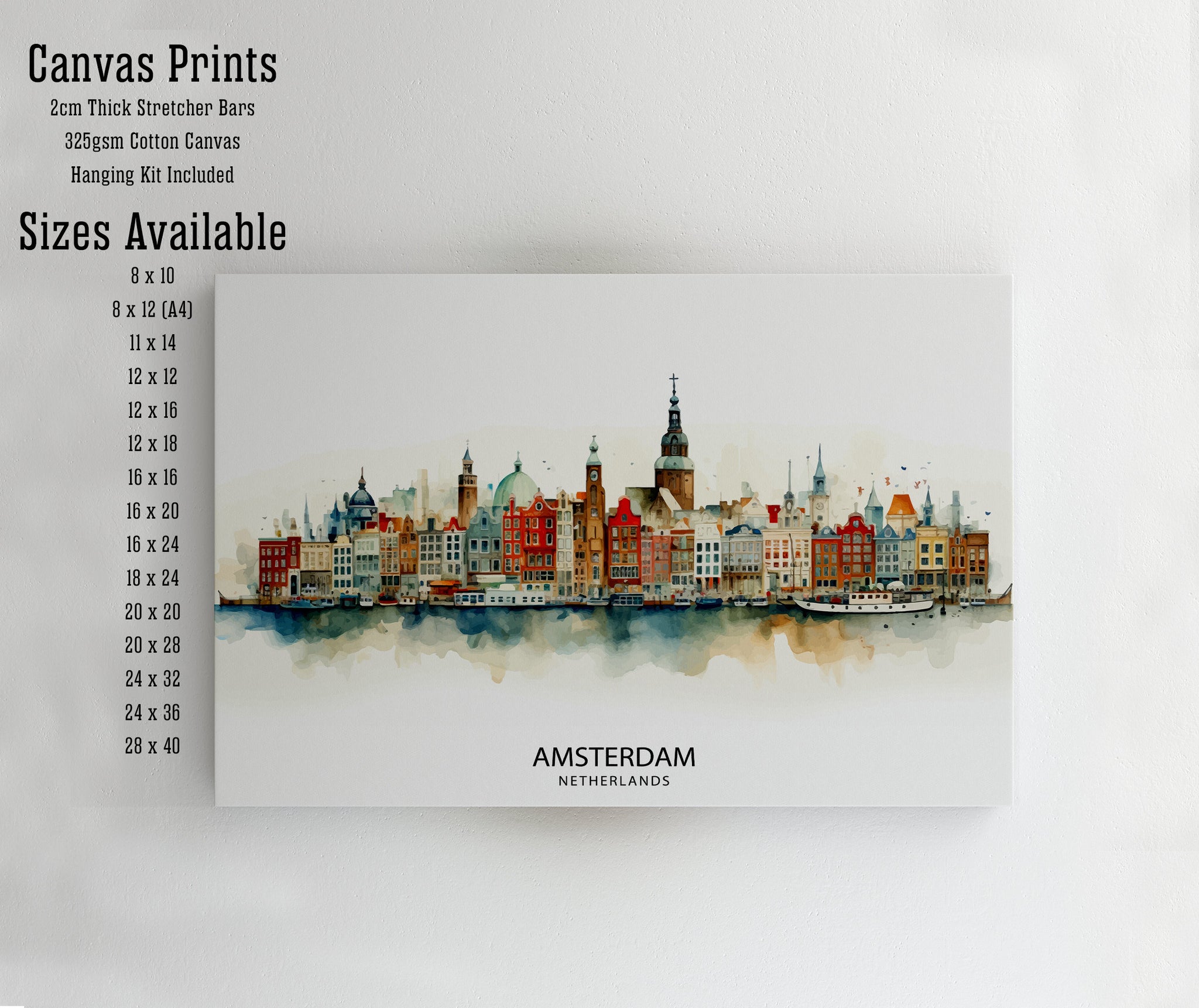 Amsterdam Skyline Print Dutch Cityscape Art Canal Houses Poster Netherlands Urban Decor Amsterdam Landmarks Illustration European City Wall