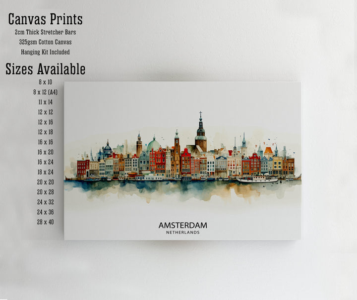 Amsterdam Skyline Poster Dutch Cityscape Art Canal Houses Poster Netherlands Urban Decor Amsterdam Landmarks Illustration European City Wall