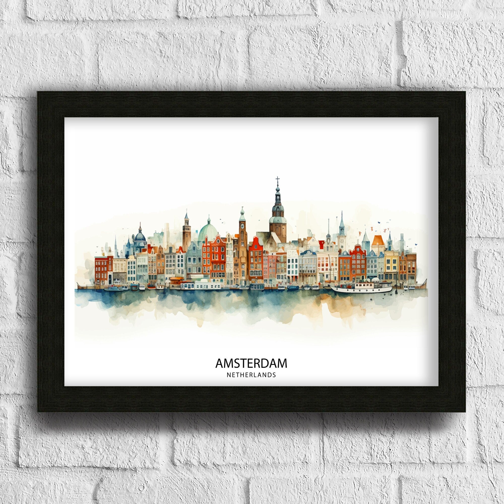 Amsterdam Skyline Print Dutch Cityscape Art Canal Houses Poster Netherlands Urban Decor Amsterdam Landmarks Illustration European City Wall