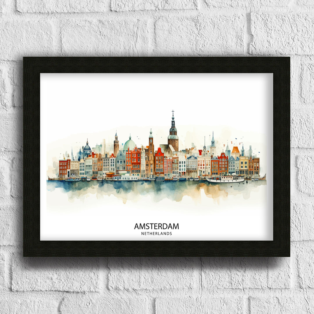 Amsterdam Skyline Poster Dutch Cityscape Art Canal Houses Poster Netherlands Urban Decor Amsterdam Landmarks Illustration European City Wall