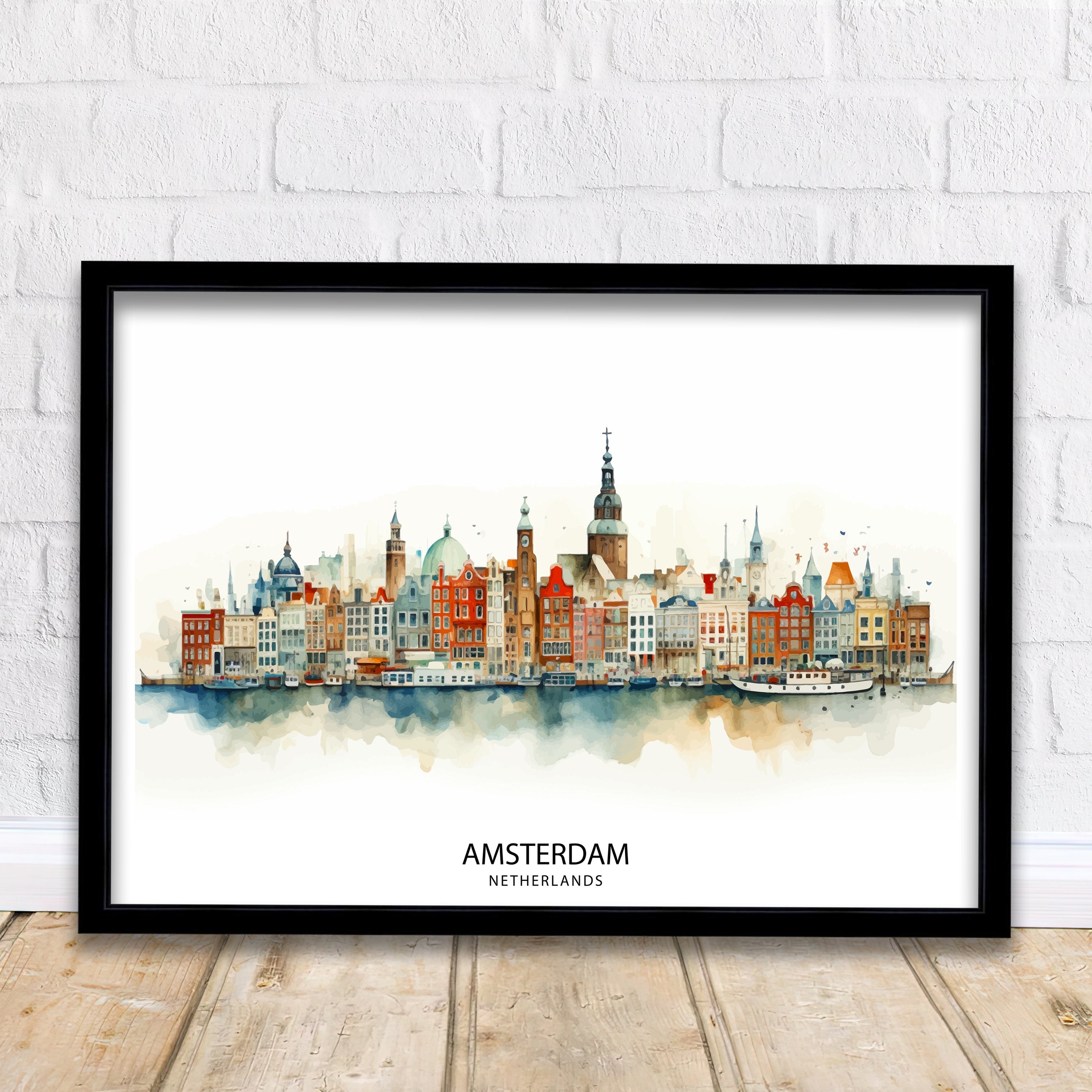 Amsterdam Skyline Print Dutch Cityscape Art Canal Houses Poster Netherlands Urban Decor Amsterdam Landmarks Illustration European City Wall