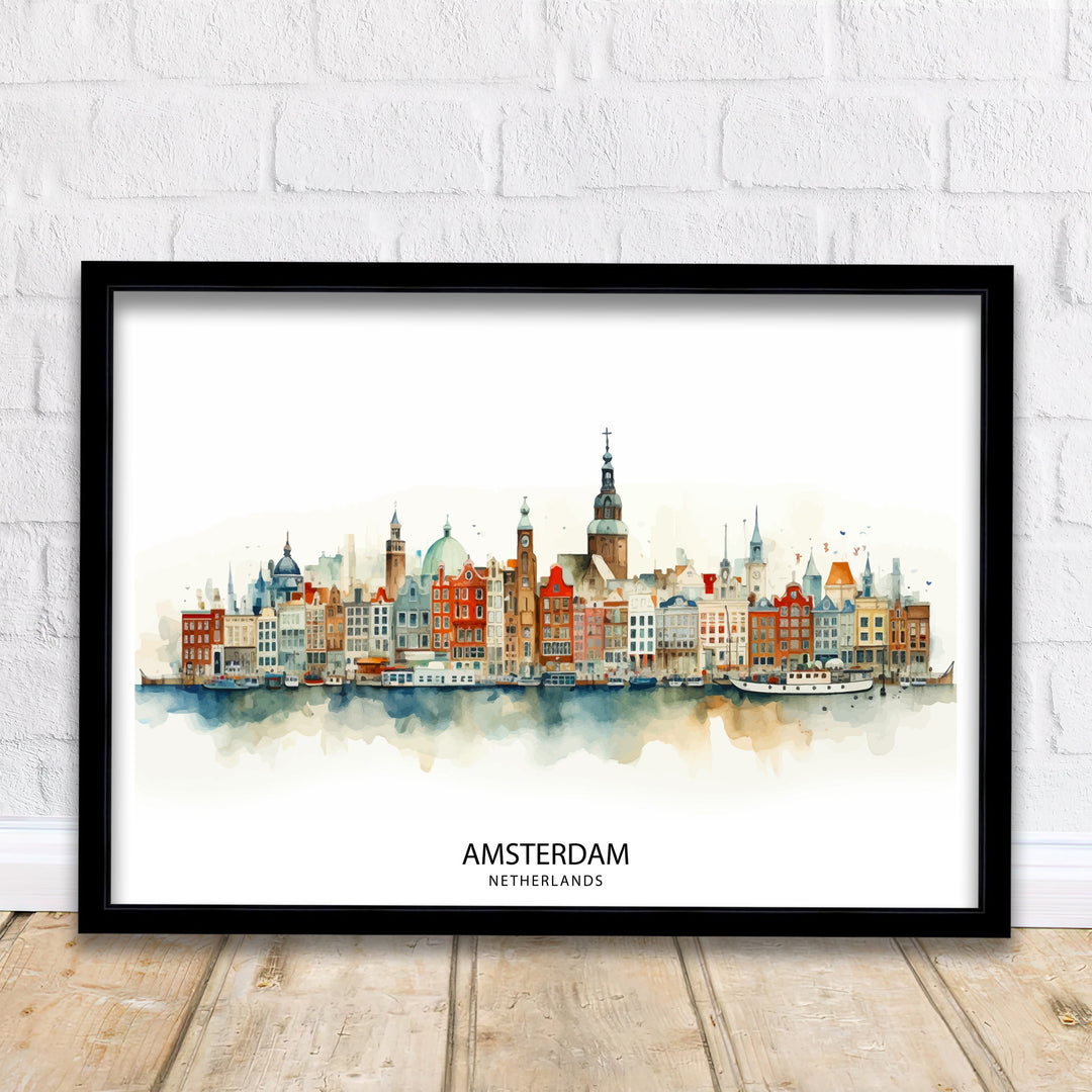 Amsterdam Skyline Poster Dutch Cityscape Art Canal Houses Poster Netherlands Urban Decor Amsterdam Landmarks Illustration European City Wall