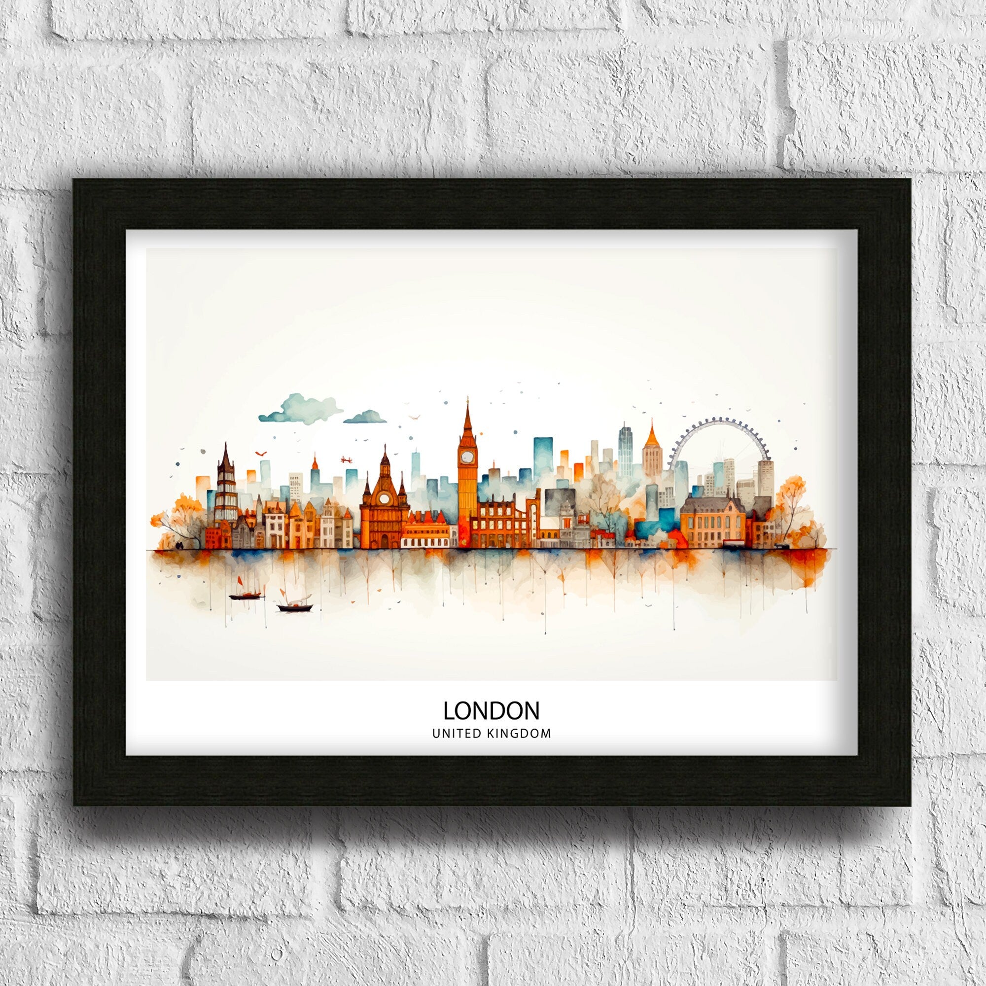 London Skyline Print Iconic Cityscape Art London Landmarks Poster England Capital Wall Decor Thames River View Illustration Urban Metropolis