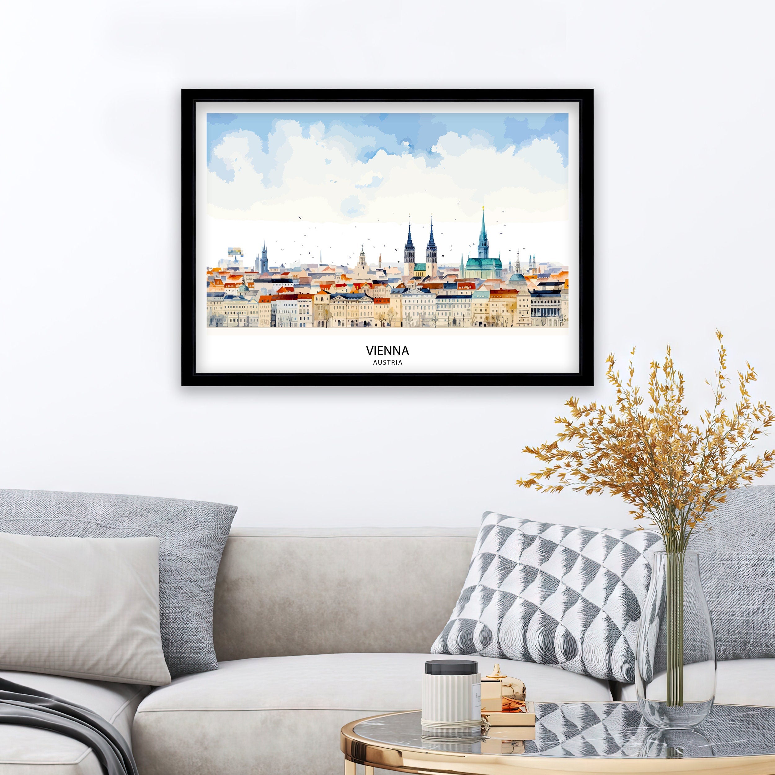 Vienna Skyline Austria Print Imperial Cityscape Art Danube River Poster Austrian Capital Wall Decor Historic Architecture Illustration