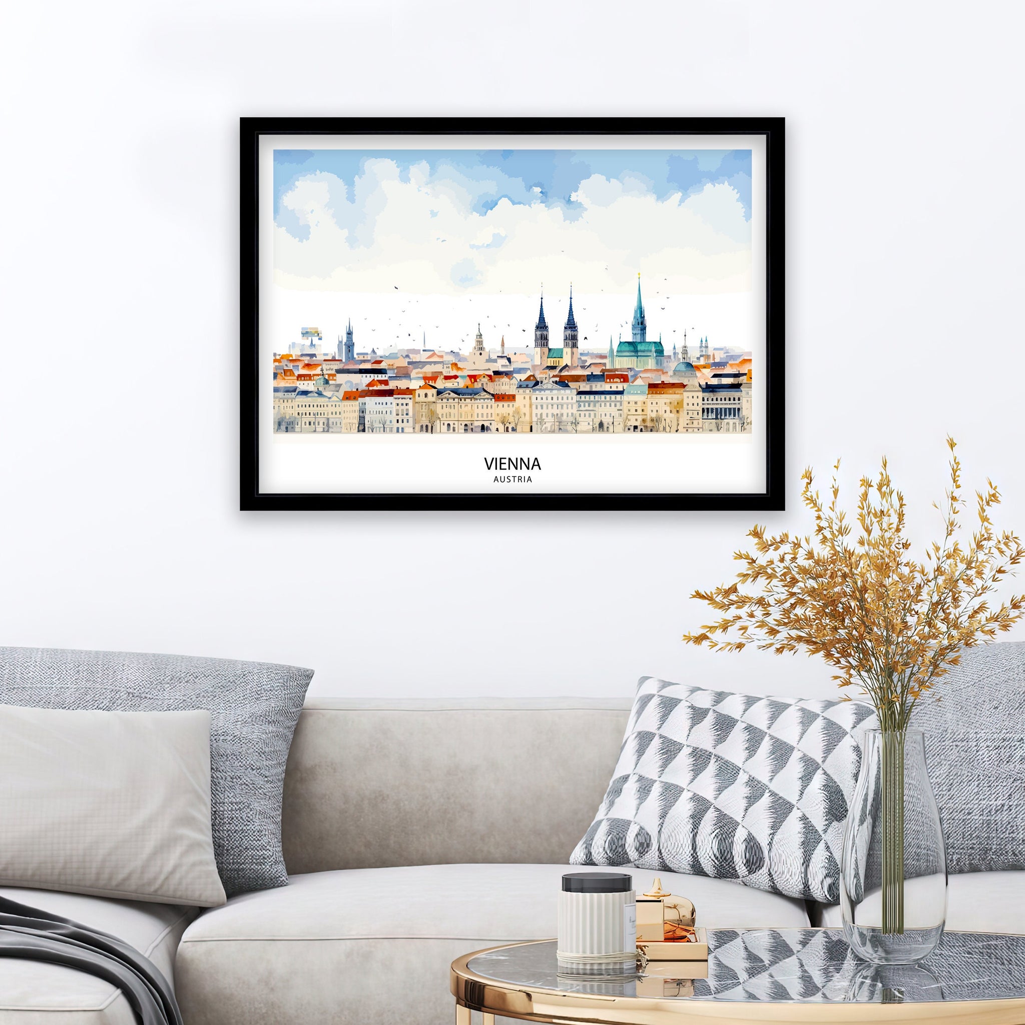 Vienna Skyline Austria Print Imperial Cityscape Art Danube River Poster Austrian Capital Wall Decor Historic Architecture Illustration