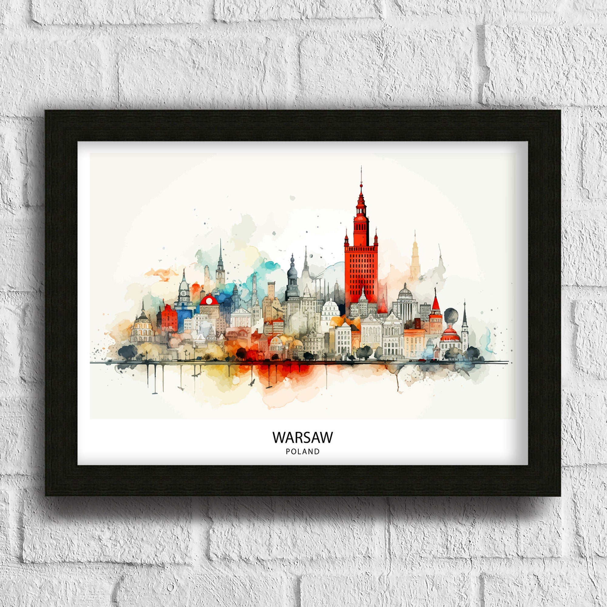 Warsaw Skyline Poland Print Modern Cityscape Art Polish Capital Poster Urban Landscape Wall Decor Historical Monuments Illustration