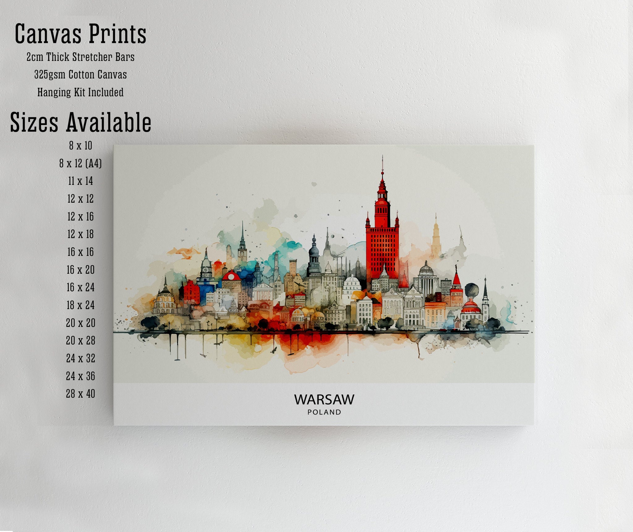 Warsaw Skyline Poland Print Modern Cityscape Art Polish Capital Poster Urban Landscape Wall Decor Historical Monuments Illustration