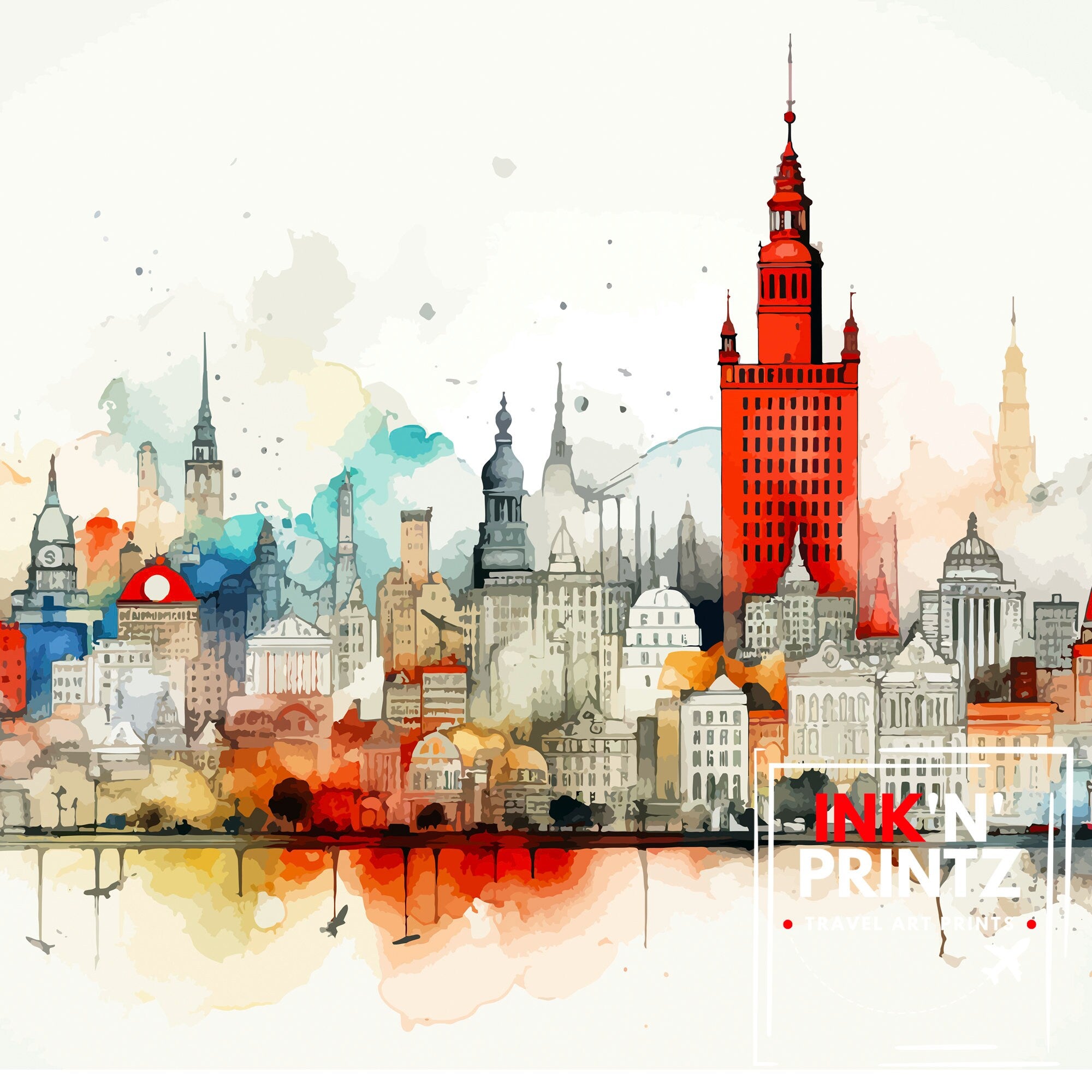Warsaw Skyline Poland Print Modern Cityscape Art Polish Capital Poster Urban Landscape Wall Decor Historical Monuments Illustration