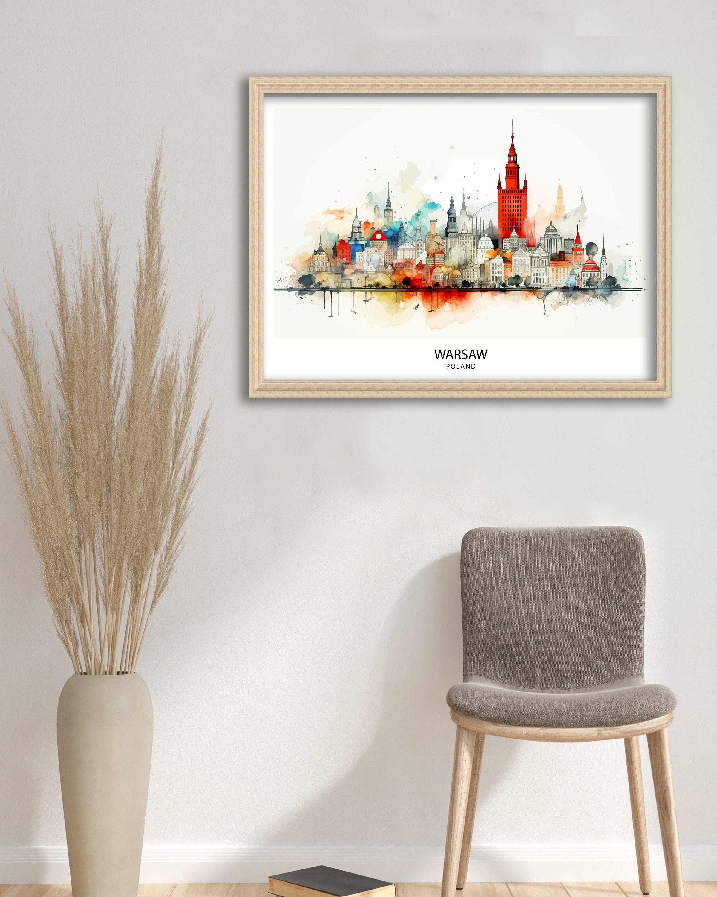 Warsaw Skyline Poland Print Modern Cityscape Art Polish Capital Poster Urban Landscape Wall Decor Historical Monuments Illustration