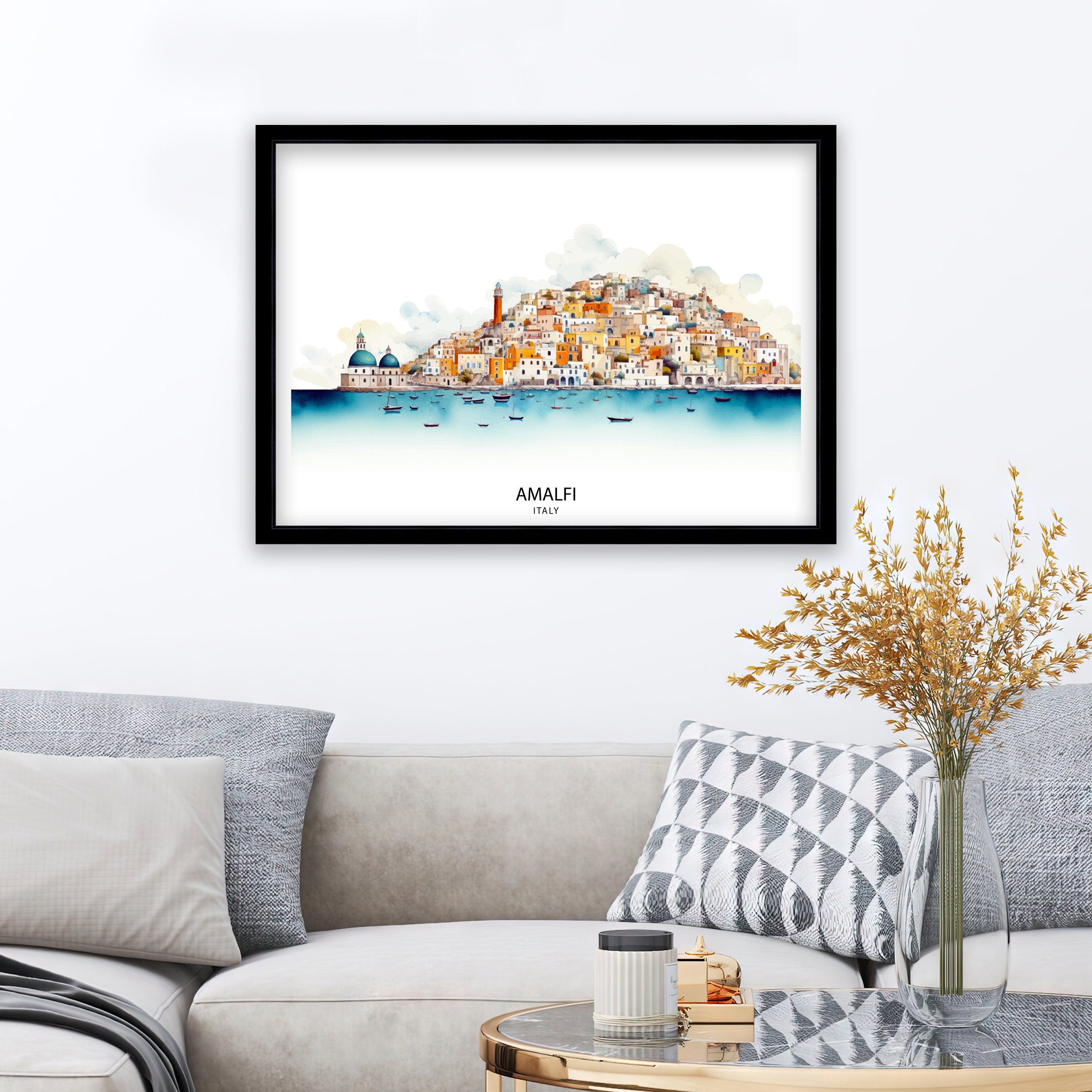 Amalfi Skyline Art Print Italian Seaside Poster Amalfi Skyline Wall Decor Mediterranean Landscape Illustration Italy Coastal Artwork Scenic