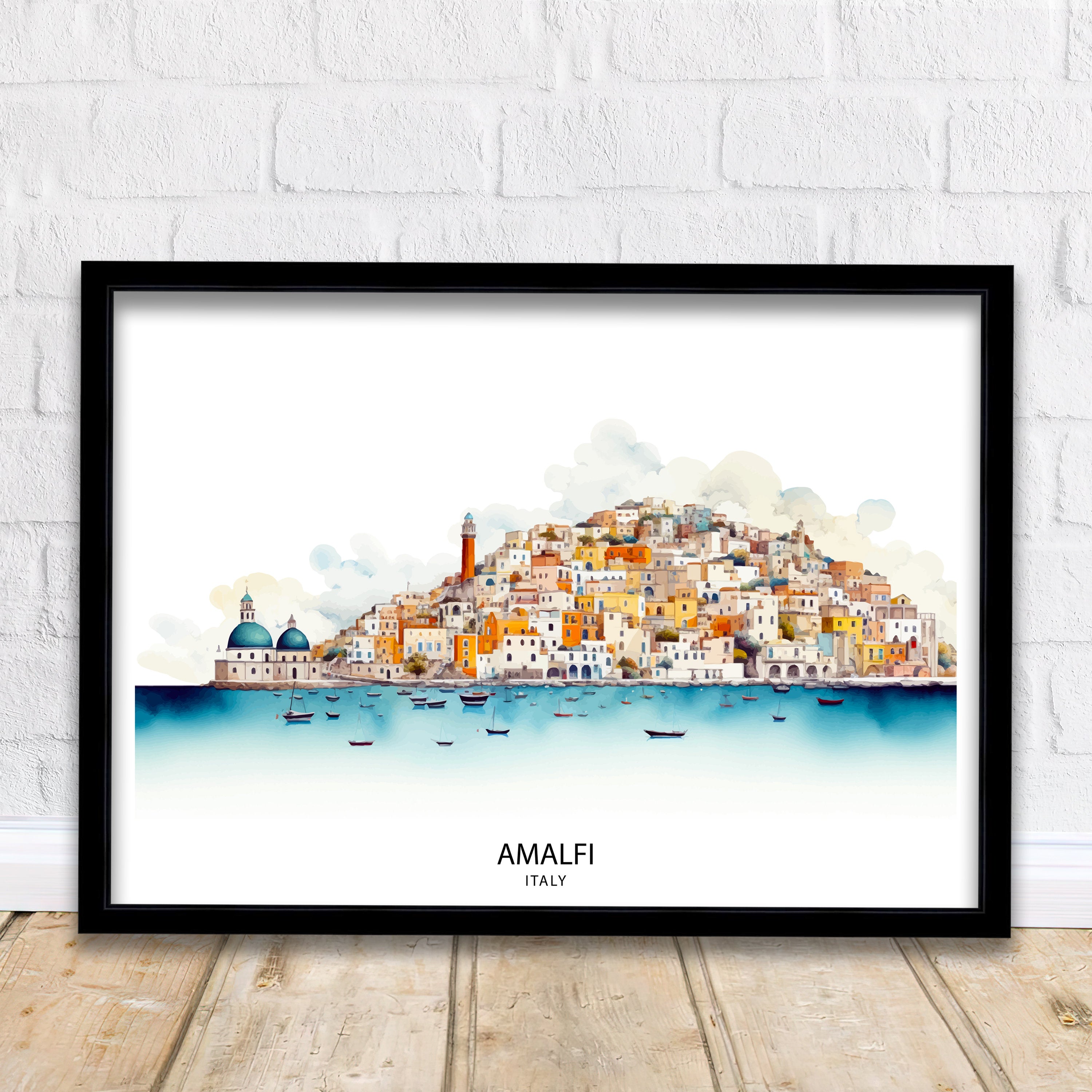 Amalfi Skyline Art Print Italian Seaside Poster Amalfi Skyline Wall Decor Mediterranean Landscape Illustration Italy Coastal Artwork Scenic