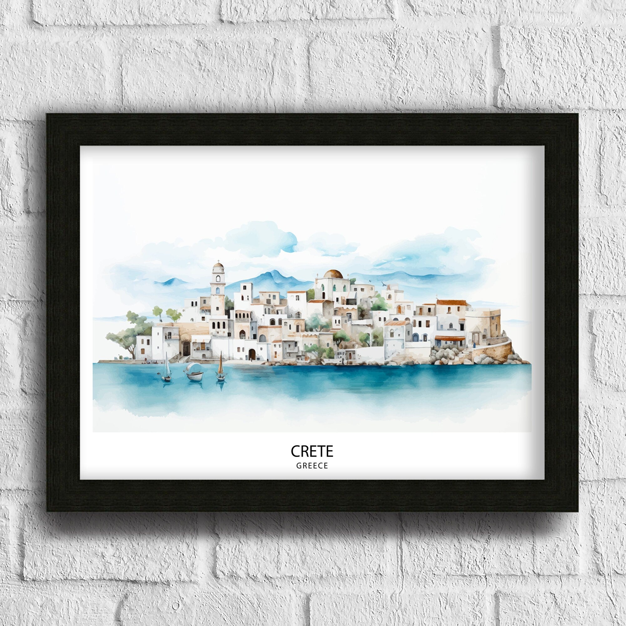 Crete Island Art Print Greek Island Skyline Mediterranean Seascape Poster Crete Landscape Wall Decor Greek Paradise Illustration Aegean Sea