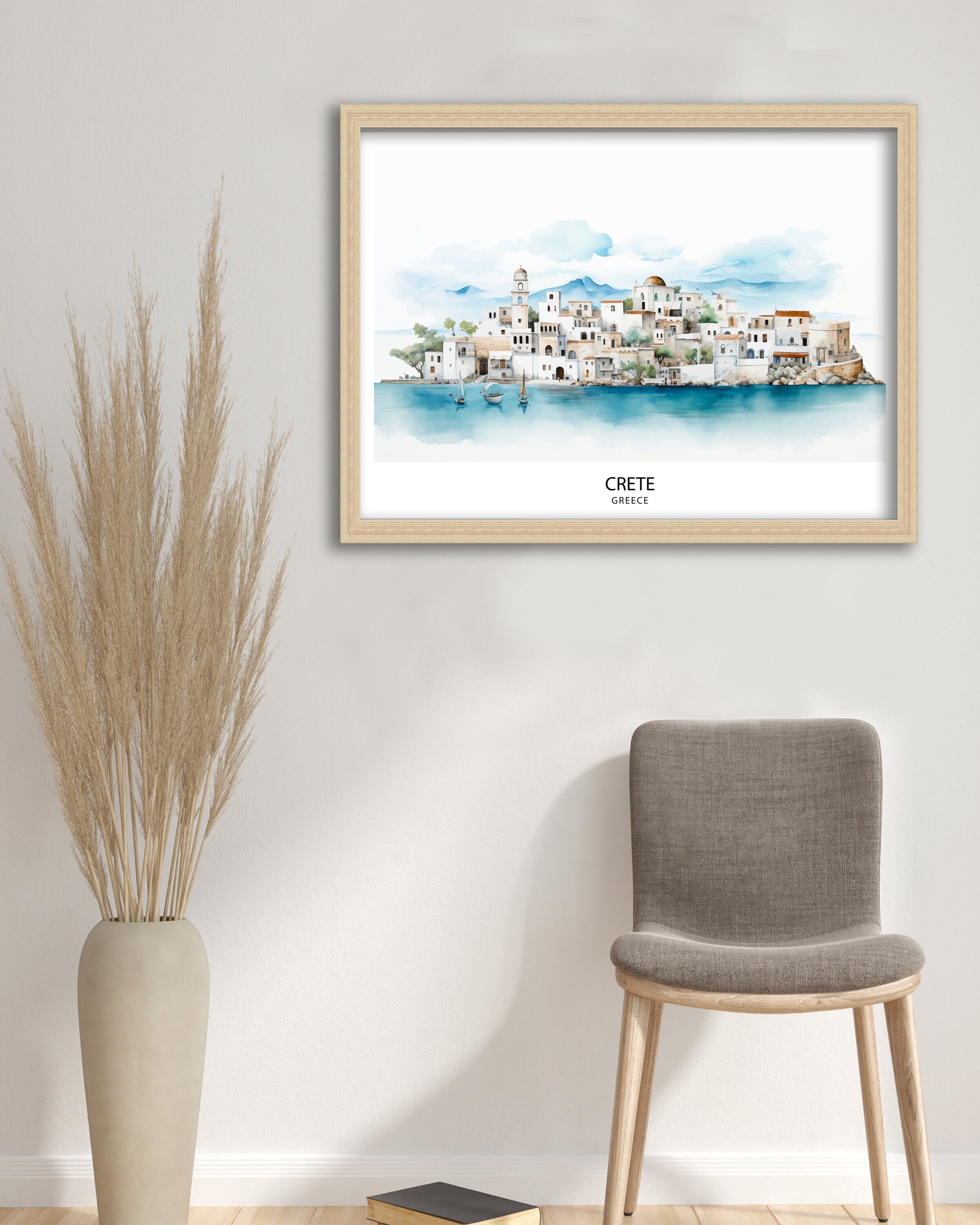 Crete Island Art Print Greek Island Skyline Mediterranean Seascape Poster Crete Landscape Wall Decor Greek Paradise Illustration Aegean Sea