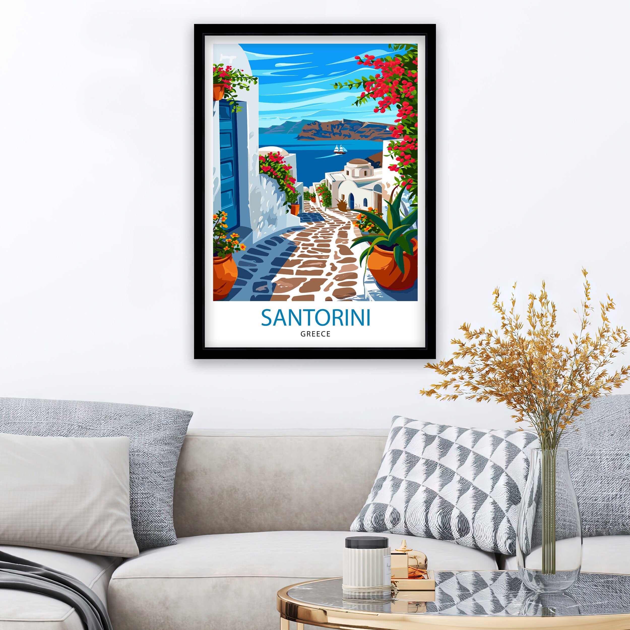 Santorini Greece Travel Print Santorini Wall Decor Santorini Island Poster Greece Travel Prints Santorini Art Print Santorini Illustration