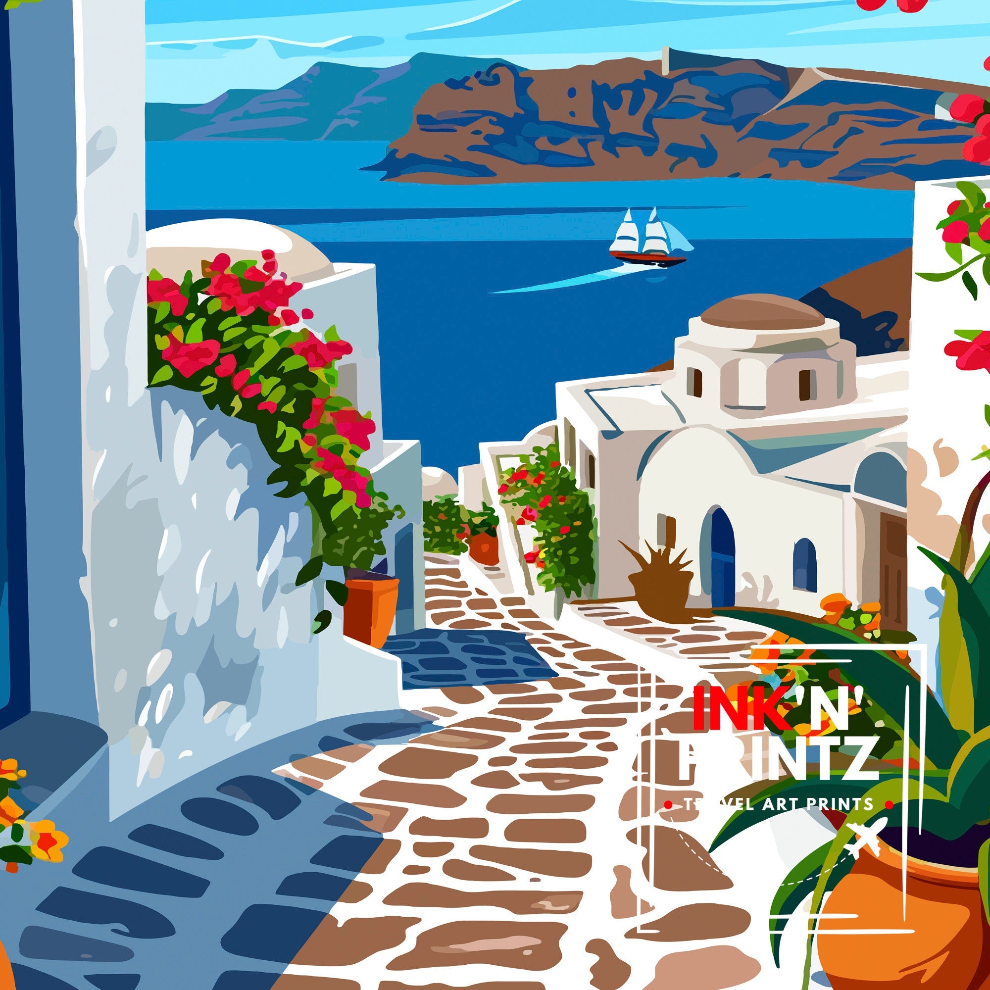 Santorini Greece Travel Print Santorini Wall Decor Santorini Island Poster Greece Travel Prints Santorini Art Print Santorini Illustration