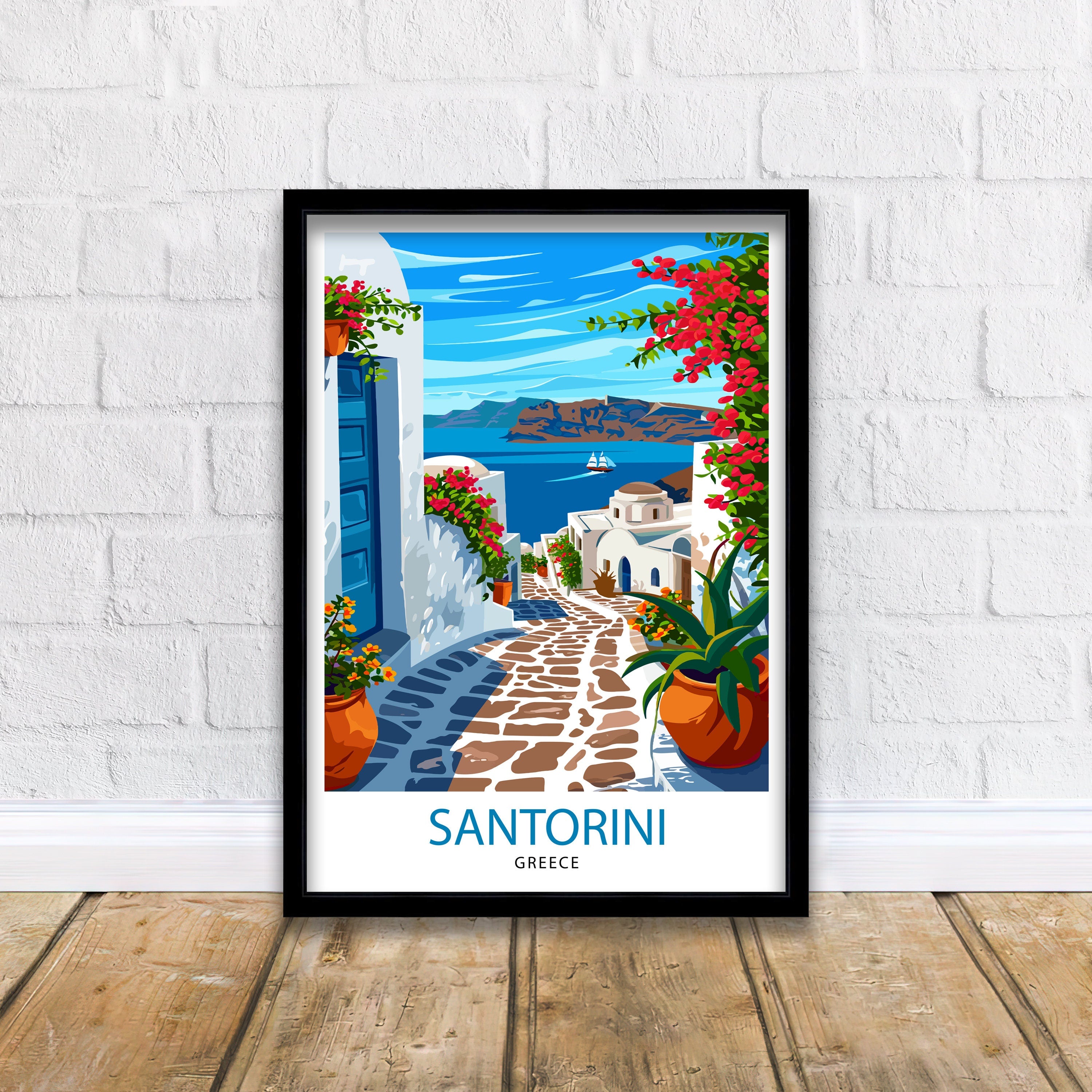 Santorini Greece Travel Print Santorini Wall Decor Santorini Island Poster Greece Travel Prints Santorini Art Print Santorini Illustration