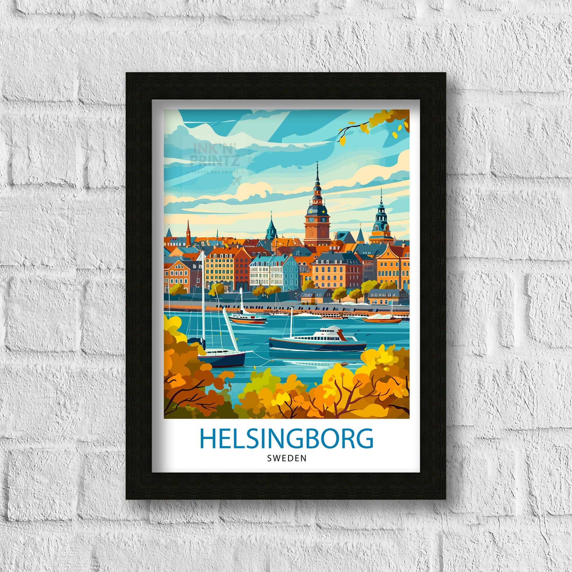 Helsingborg Sweden Print Scenic Swedish City Art Öresund Strait Poster Helsingborg Harbor Wall Decor Swedish Architecture Illustration
