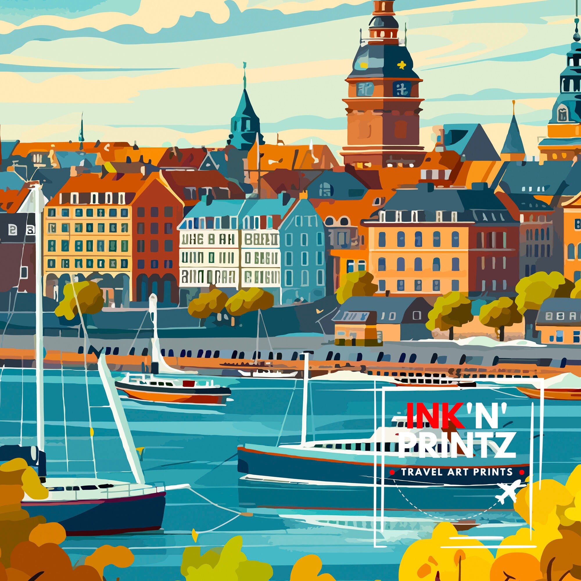 Helsingborg Sweden Print Scenic Swedish City Art Öresund Strait Poster Helsingborg Harbor Wall Decor Swedish Architecture Illustration