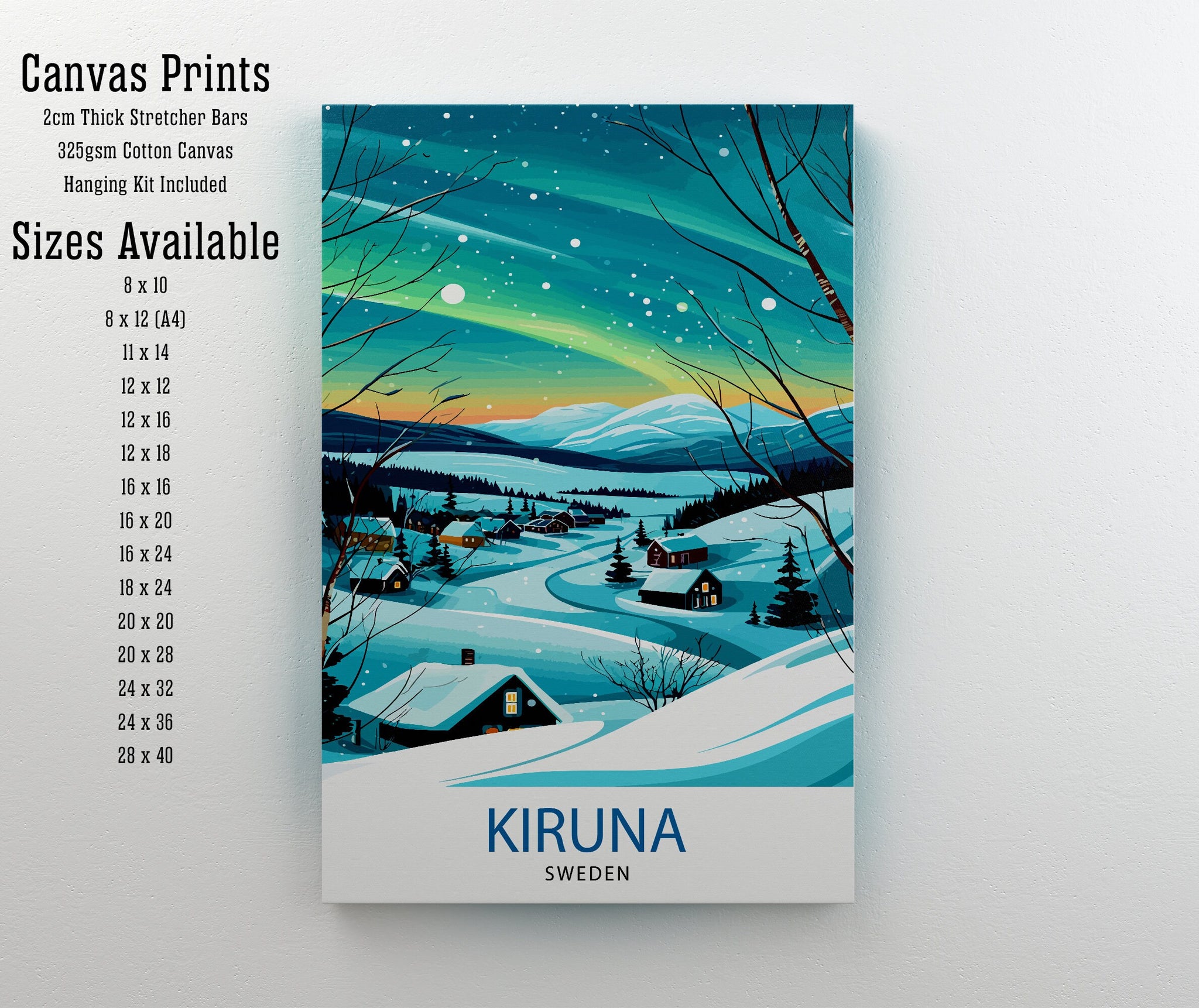 Kiruna Sweden Print Arctic Circle City Art Swedish Lapland Poster Northern Lights Wall Decor Sami Culture Illustration Scandinavian