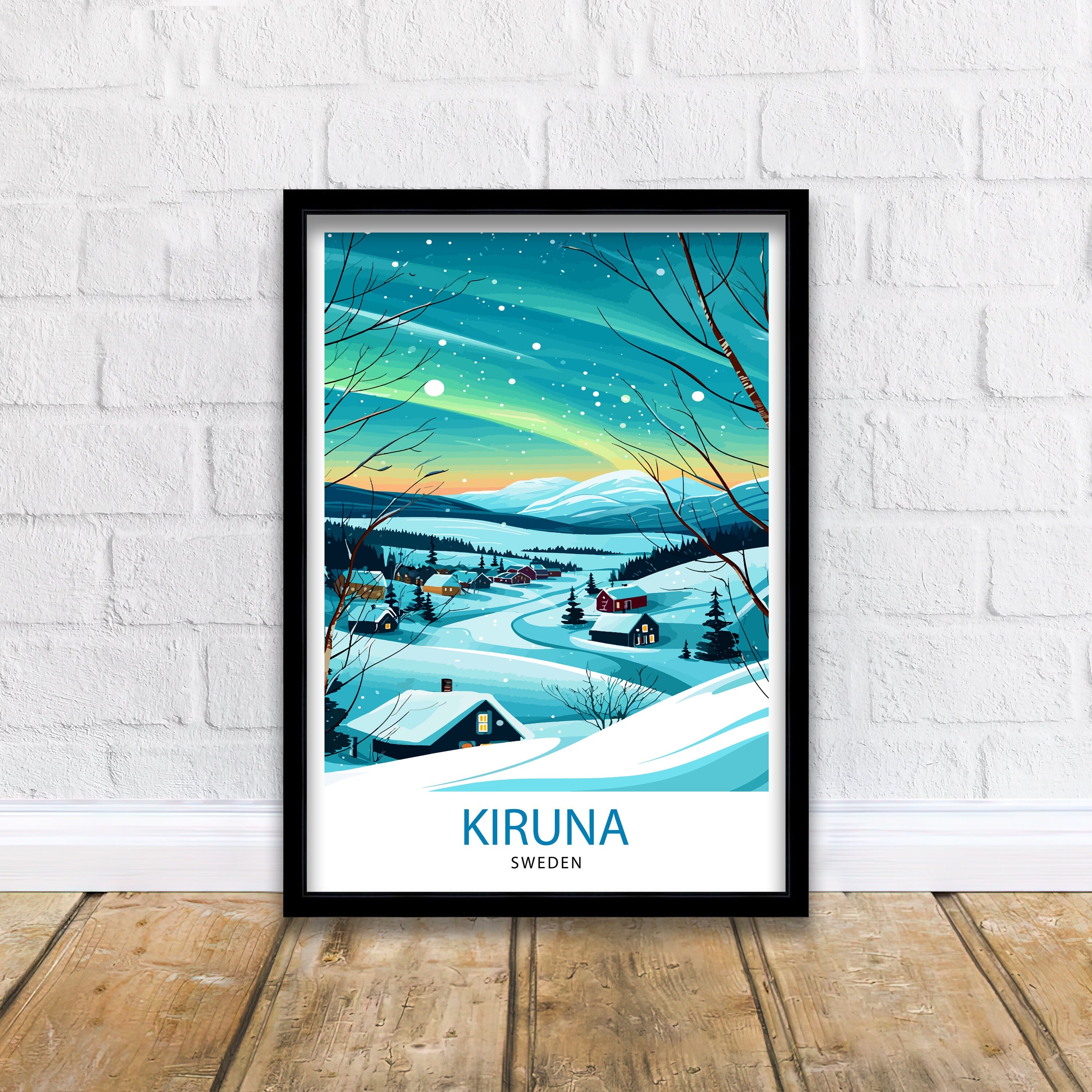 Kiruna Sweden Print Arctic Circle City Art Swedish Lapland Poster Northern Lights Wall Decor Sami Culture Illustration Scandinavian