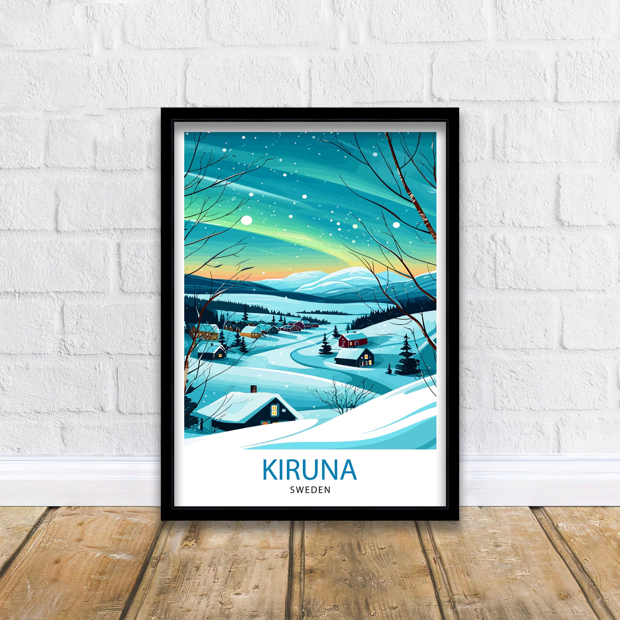 Kiruna Sweden Print Arctic Circle City Art Swedish Lapland Poster Northern Lights Wall Decor Sami Culture Illustration Scandinavian