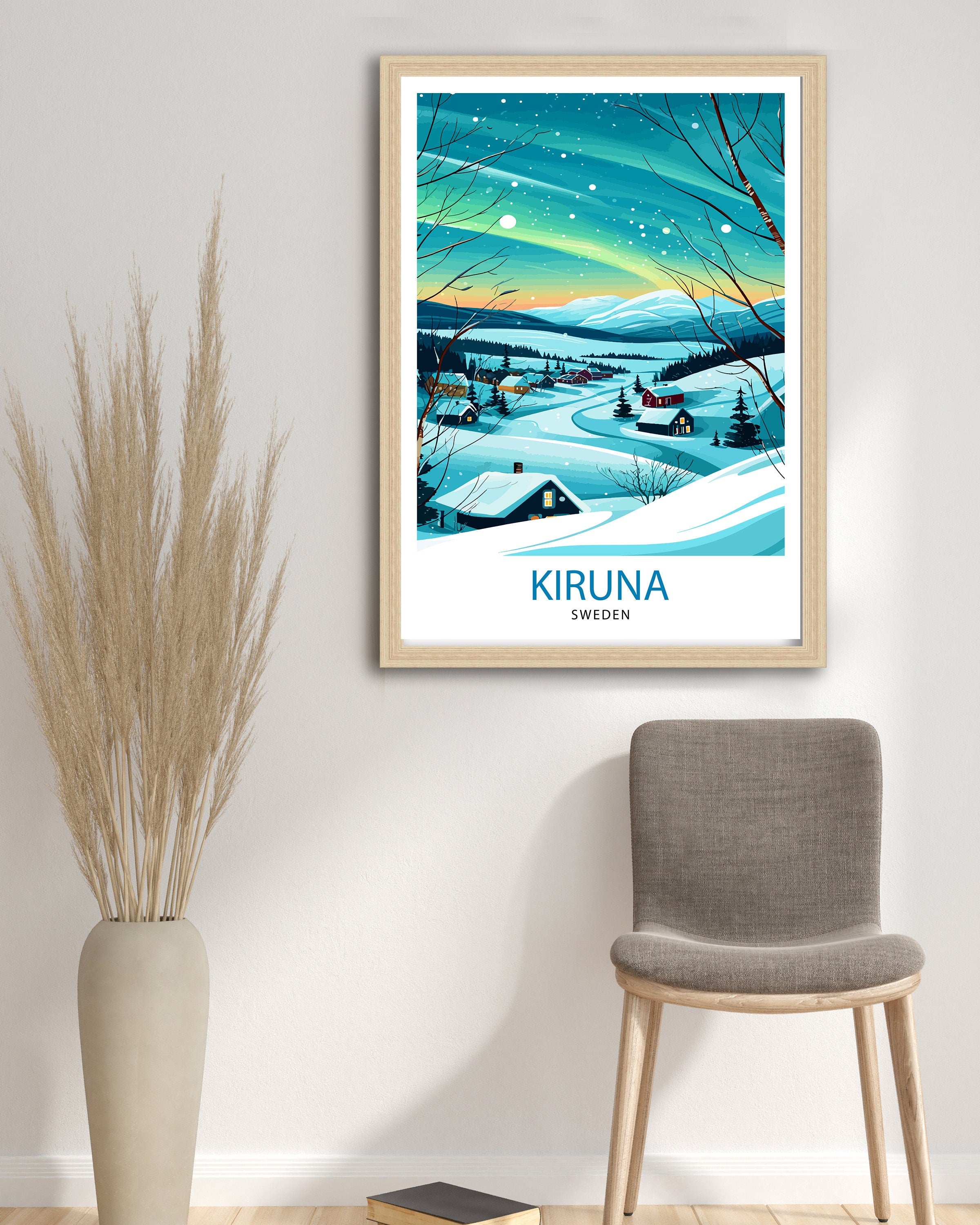 Kiruna Sweden Print Arctic Circle City Art Swedish Lapland Poster Northern Lights Wall Decor Sami Culture Illustration Scandinavian
