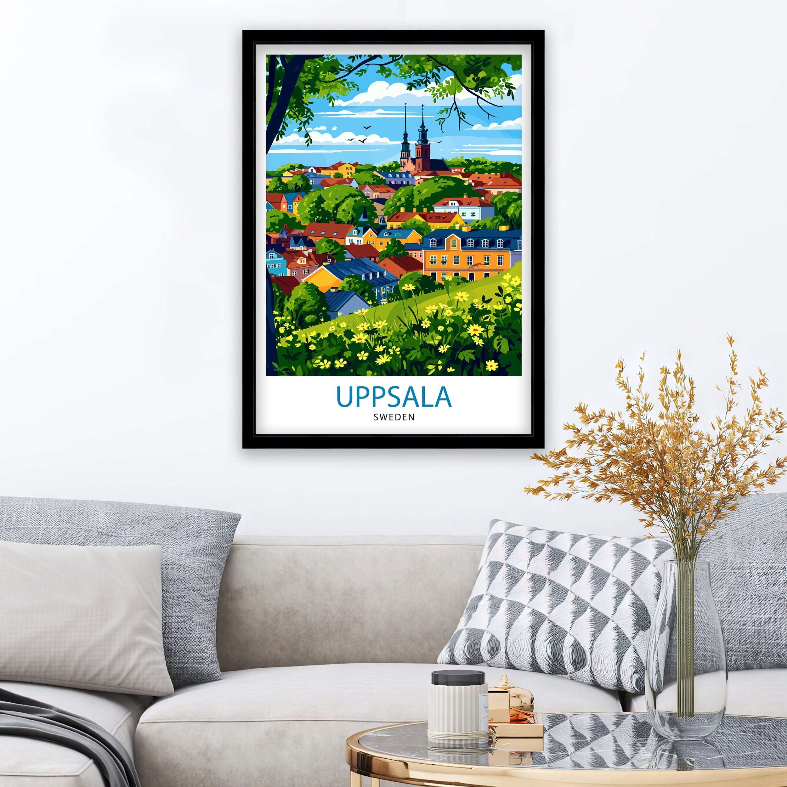 Uppsala Sweden Print Historic University City Art Swedish Cultural Center Poster Fyris River Wall Decor Nordic Architecture Illustration