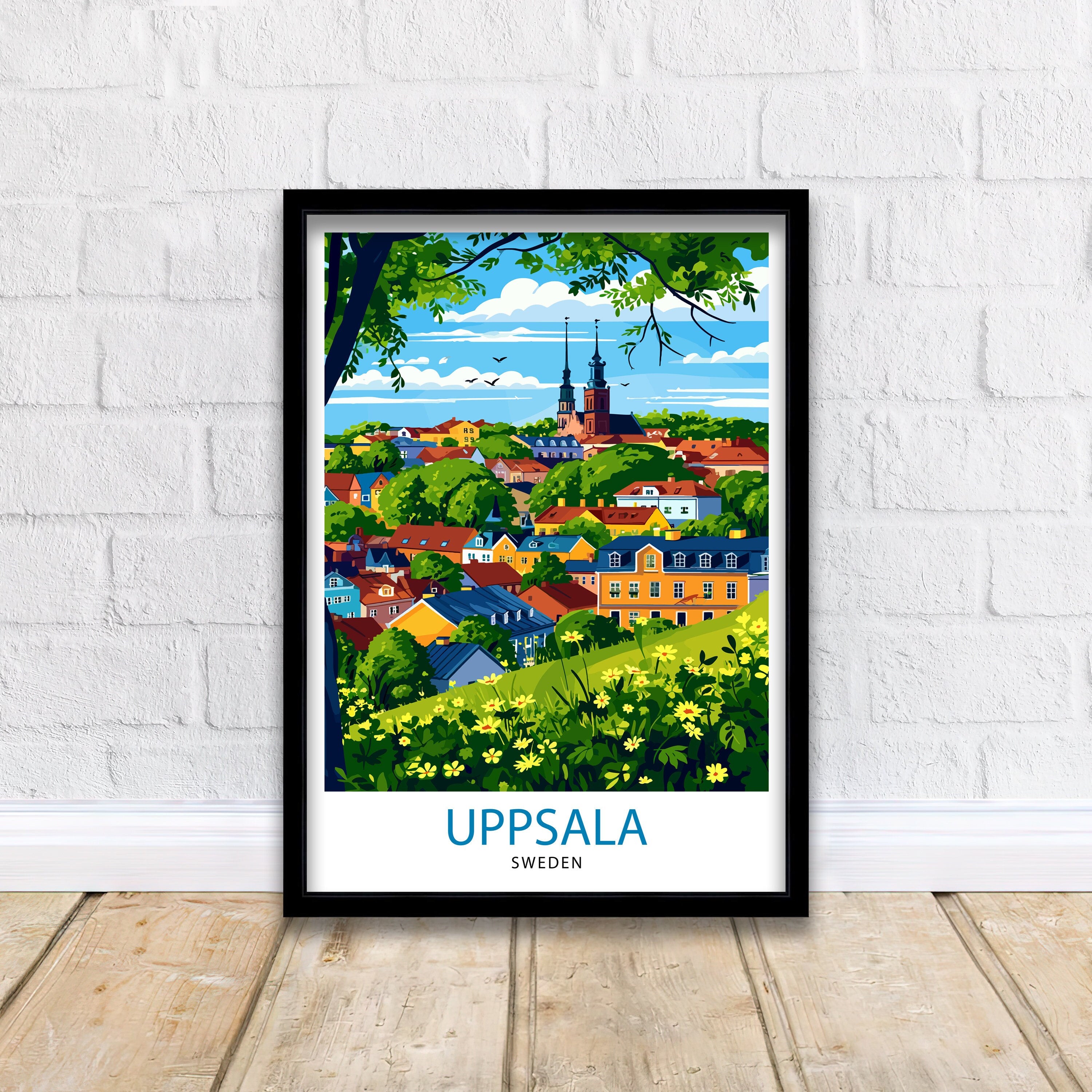 Uppsala Sweden Print Historic University City Art Swedish Cultural Center Poster Fyris River Wall Decor Nordic Architecture Illustration