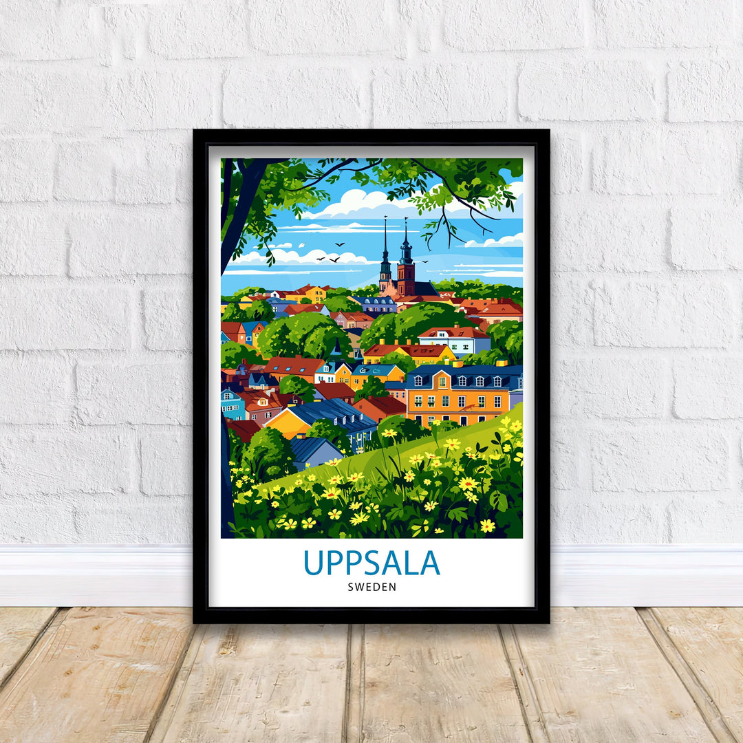 Uppsala Sweden Print Historic University City Art Swedish Cultural Center Poster Fyris River Wall Decor Nordic Architecture Illustration