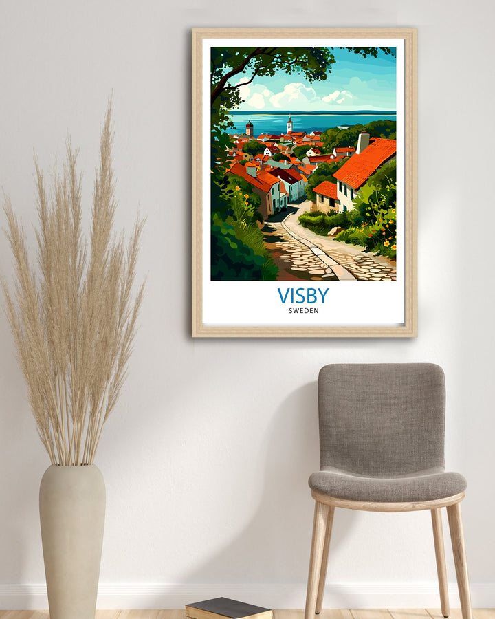 Visby Sweden Print Medieval Town Art Gotland Island Poster Historic City Wall Decor Swedish Heritage Illustration Baltic Sea Town Artwork