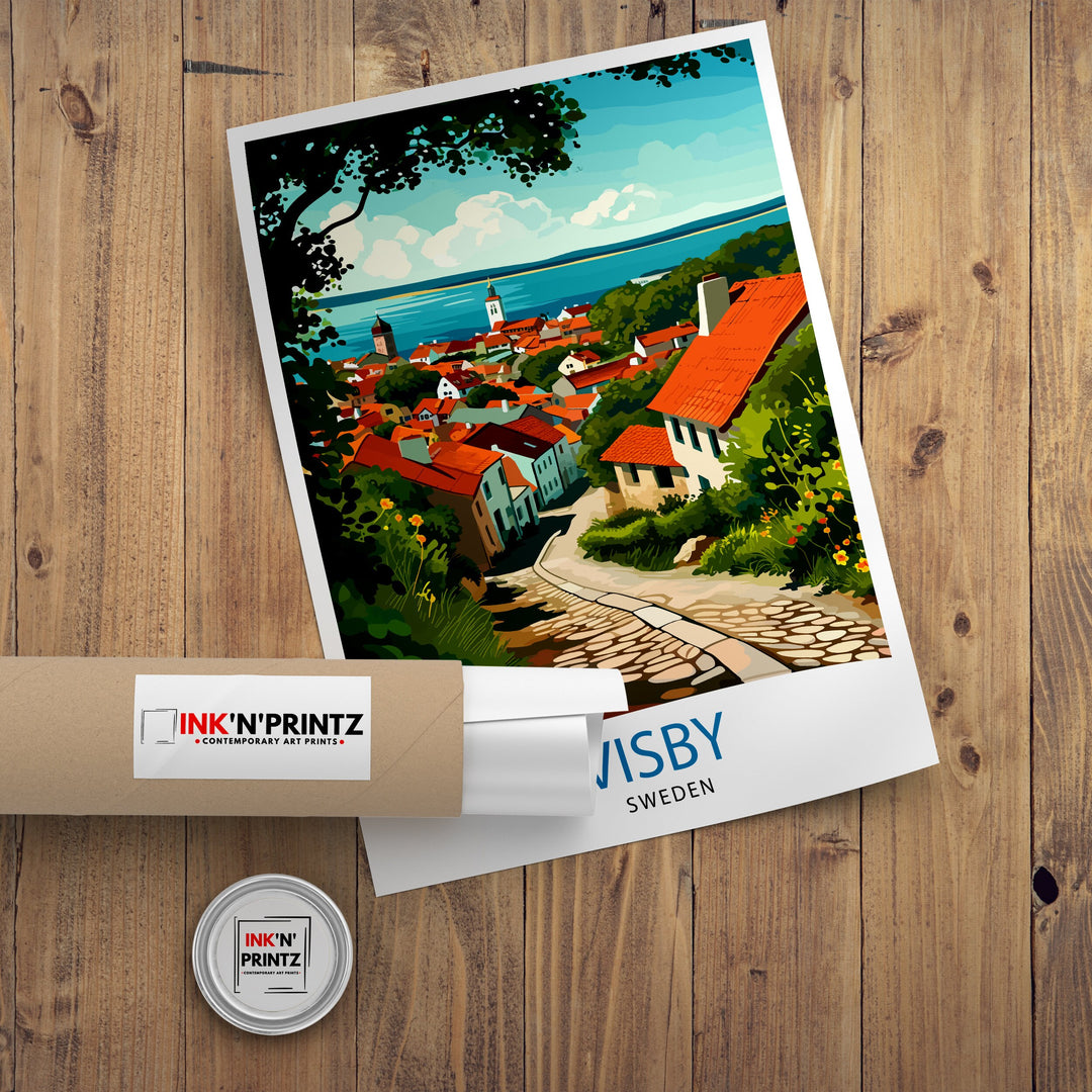 Visby Sweden Print Medieval Town Art Gotland Island Poster Historic City Wall Decor Swedish Heritage Illustration Baltic Sea Town Artwork