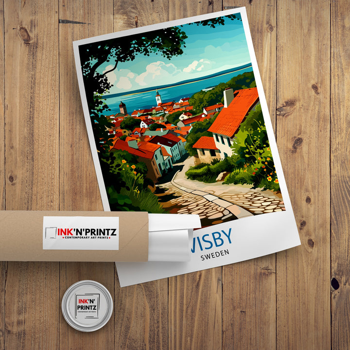 Visby Sweden Print Medieval Town Art Gotland Island Poster Historic City Wall Decor Swedish Heritage Illustration Baltic Sea Town Artwork