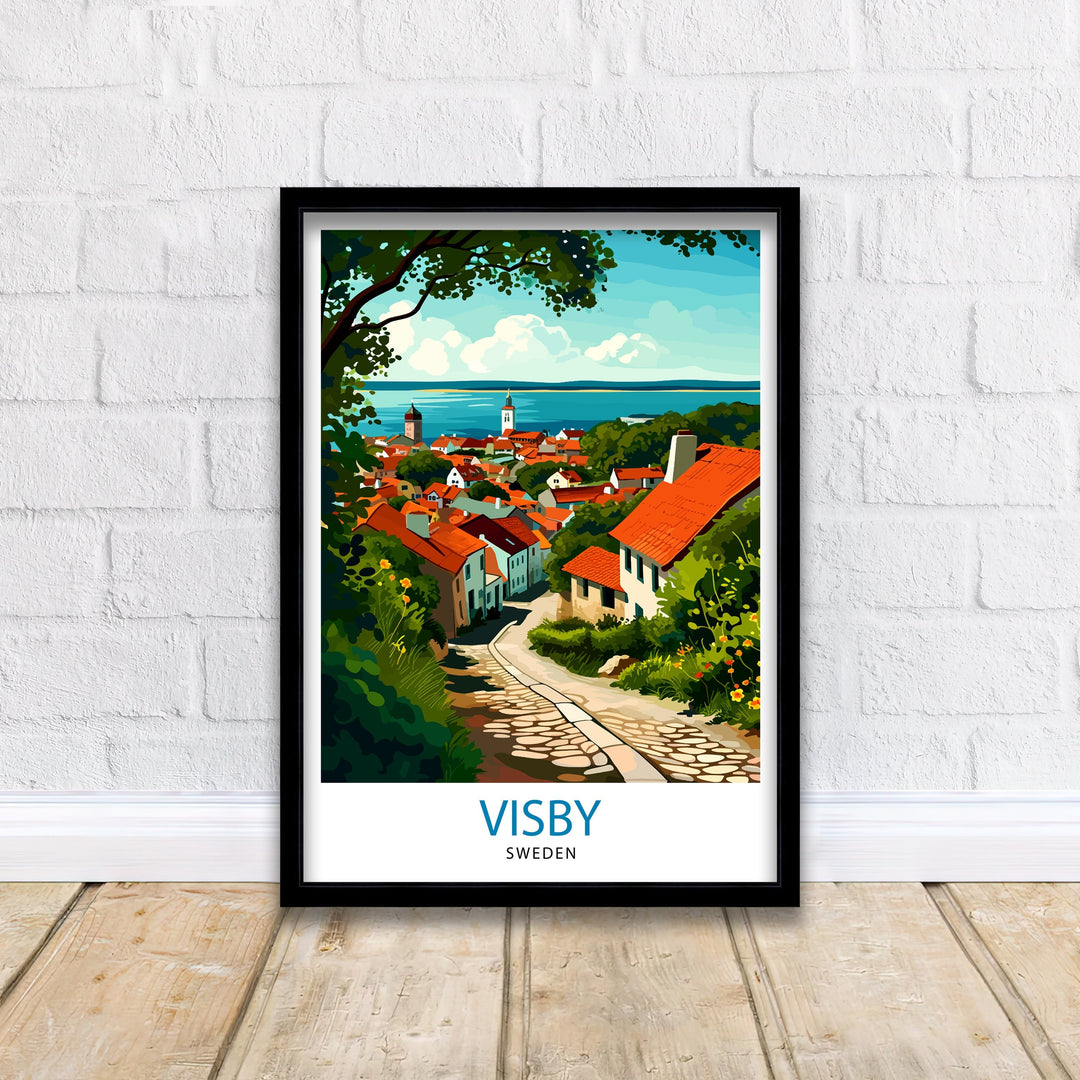 Visby Sweden Print Medieval Town Art Gotland Island Poster Historic City Wall Decor Swedish Heritage Illustration Baltic Sea Town Artwork