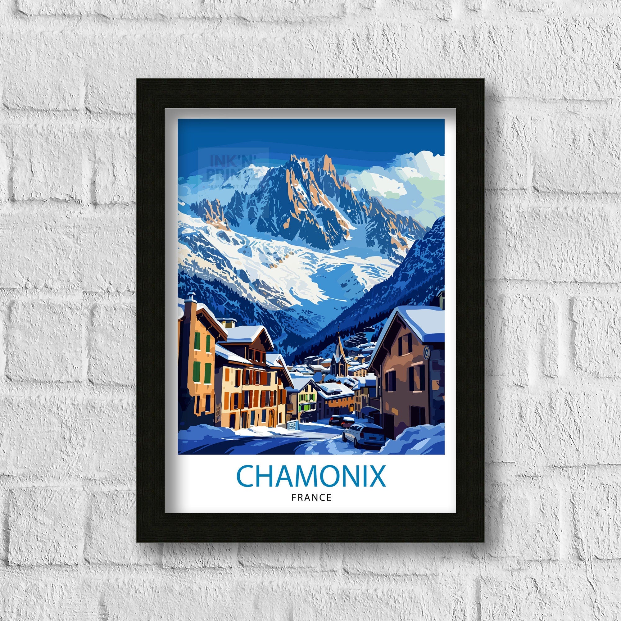 Chamonix France Print Alpine Town Art Mont Blanc Poster French Alps Wall Decor Mountain Resort Illustration Ski Destination Artwork