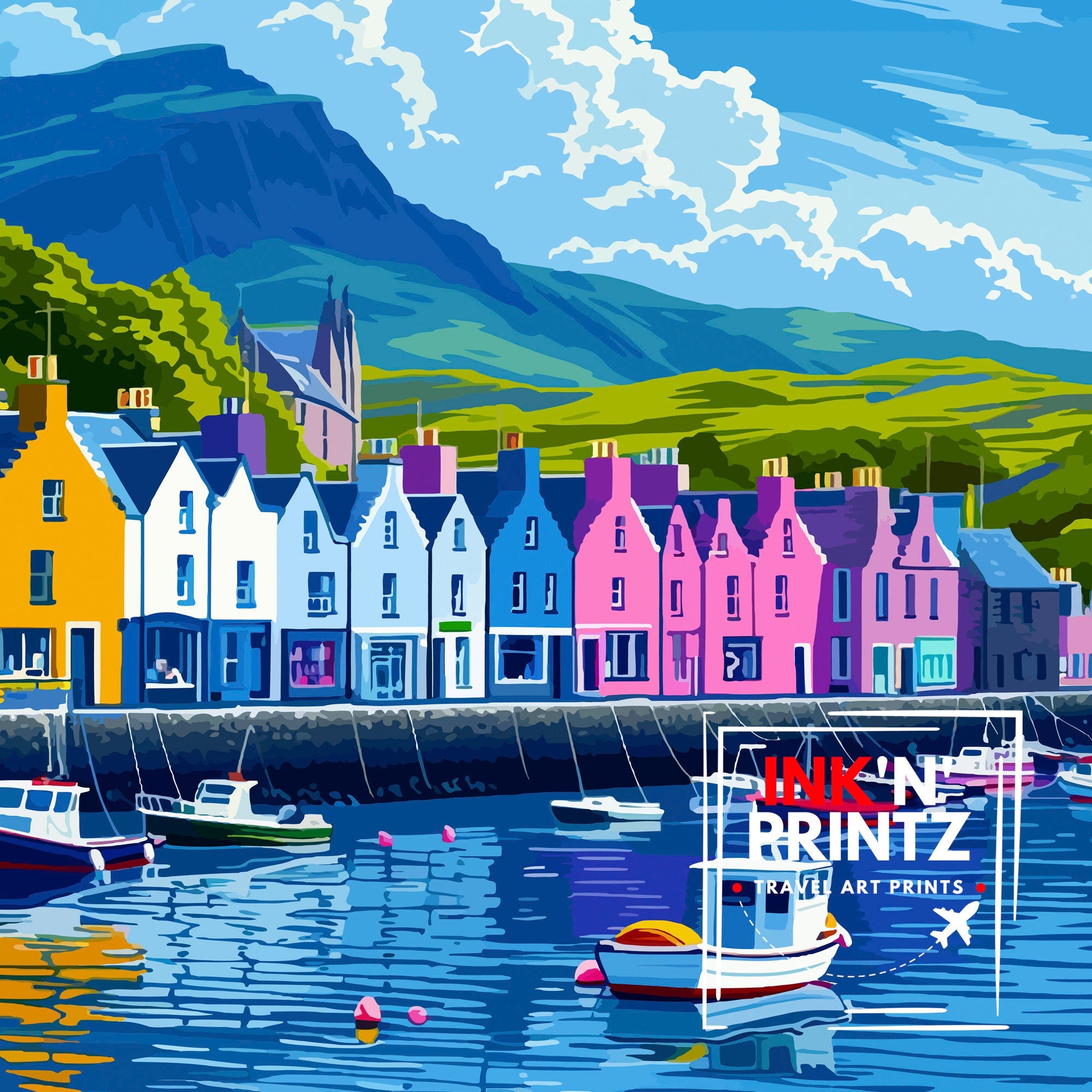 Portree Scotland Print Isle of Skye Art Scottish Harbour Town Poster Hebridean Landscape Wall Decor Scottish Island Illustration