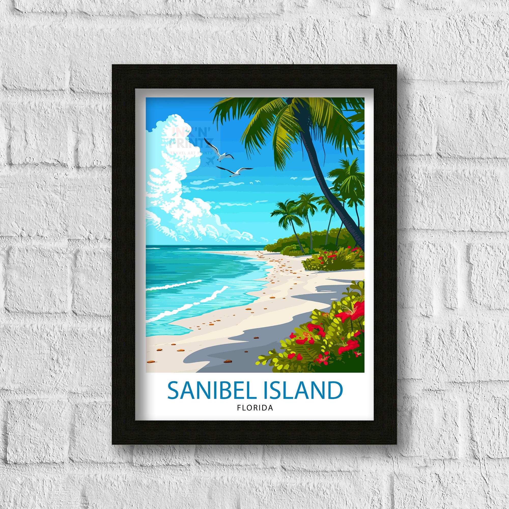 Sanibel Florida Print| Beach Paradise Art Sanibel Island Poster Coastal Wildlife Wall Decor Florida Gulf Coast Illustration Seashell