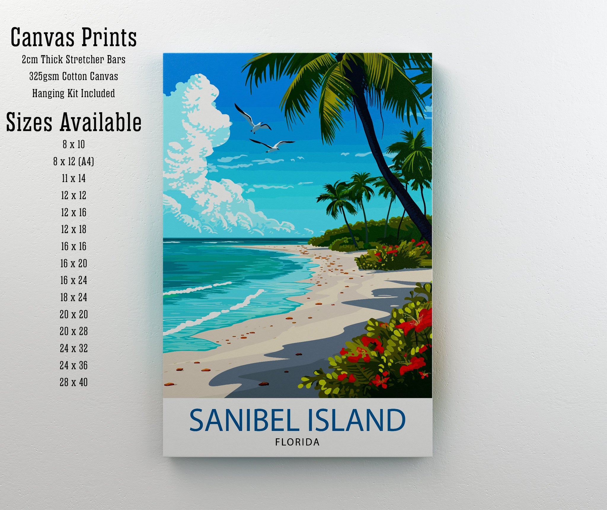 Sanibel Florida Print| Beach Paradise Art Sanibel Island Poster Coastal Wildlife Wall Decor Florida Gulf Coast Illustration Seashell