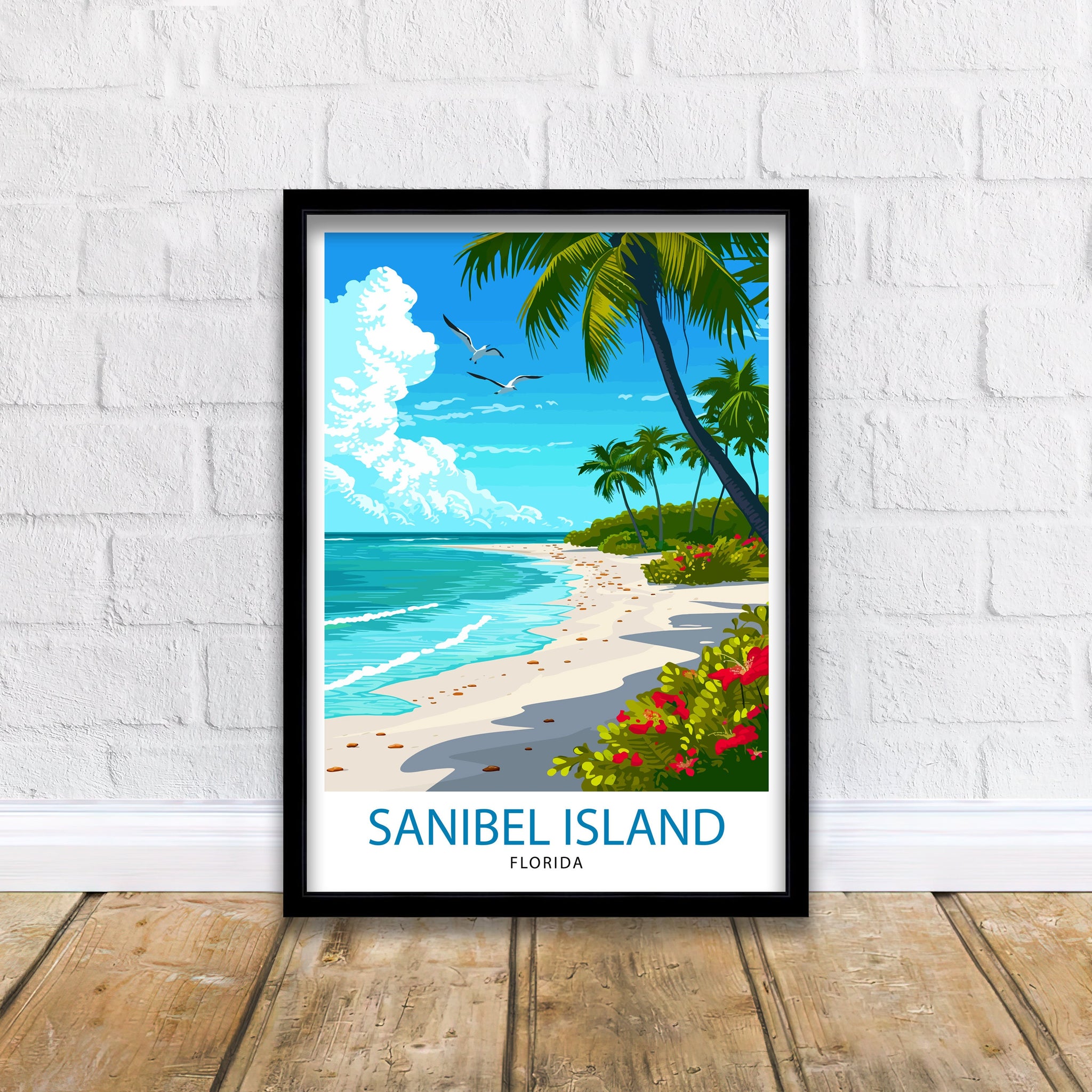 Sanibel Florida Print| Beach Paradise Art Sanibel Island Poster Coastal Wildlife Wall Decor Florida Gulf Coast Illustration Seashell